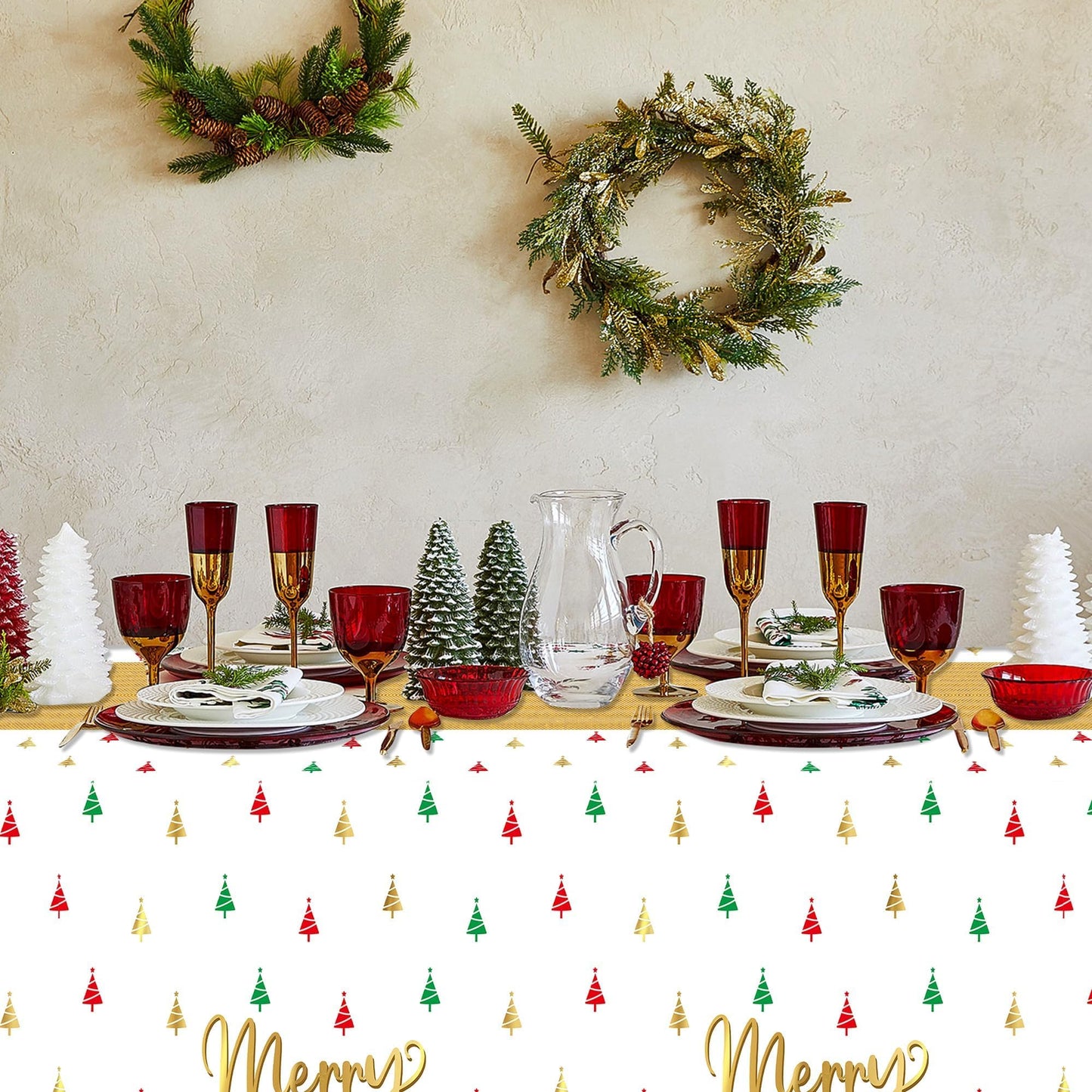 BkeeCten Christmas Winter Waterproof Tablecloths - 3 Packs Gold White Mini Christmas Tree Tablecloths Colorful Waterproof Table Cover Merry Bright Disposable Plastic Tablecloth Xmas Party Table Decor