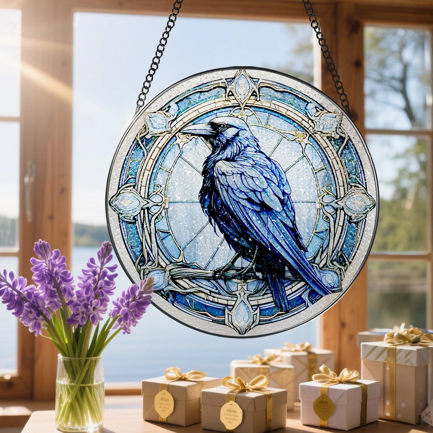 8 Inch Stained Glass Suncatcher Ornament, DOUHASU Crow Sun Catchers Indoor Window, Stained Glass Window Hanging, Home Decor, Bird Lovers Gifts for Women, Men