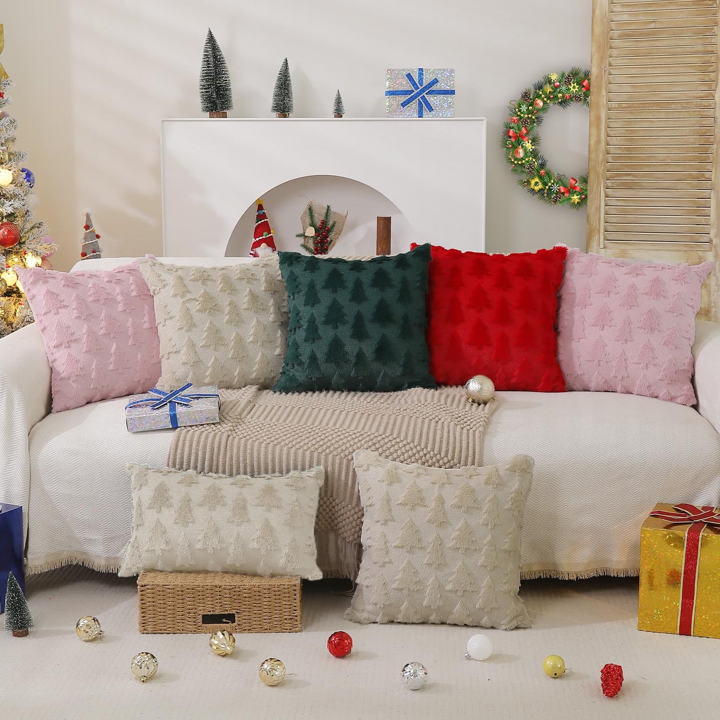 DFXSZ Christmas Tree Pillow Covers 12x20 inch Set of 2 Christmas Decoration Beige Soft Plush Faux Fur Jacquard Throw Pillows for Bedroom Sofa Holiday Festivals Winter Home Decor PTK006C12