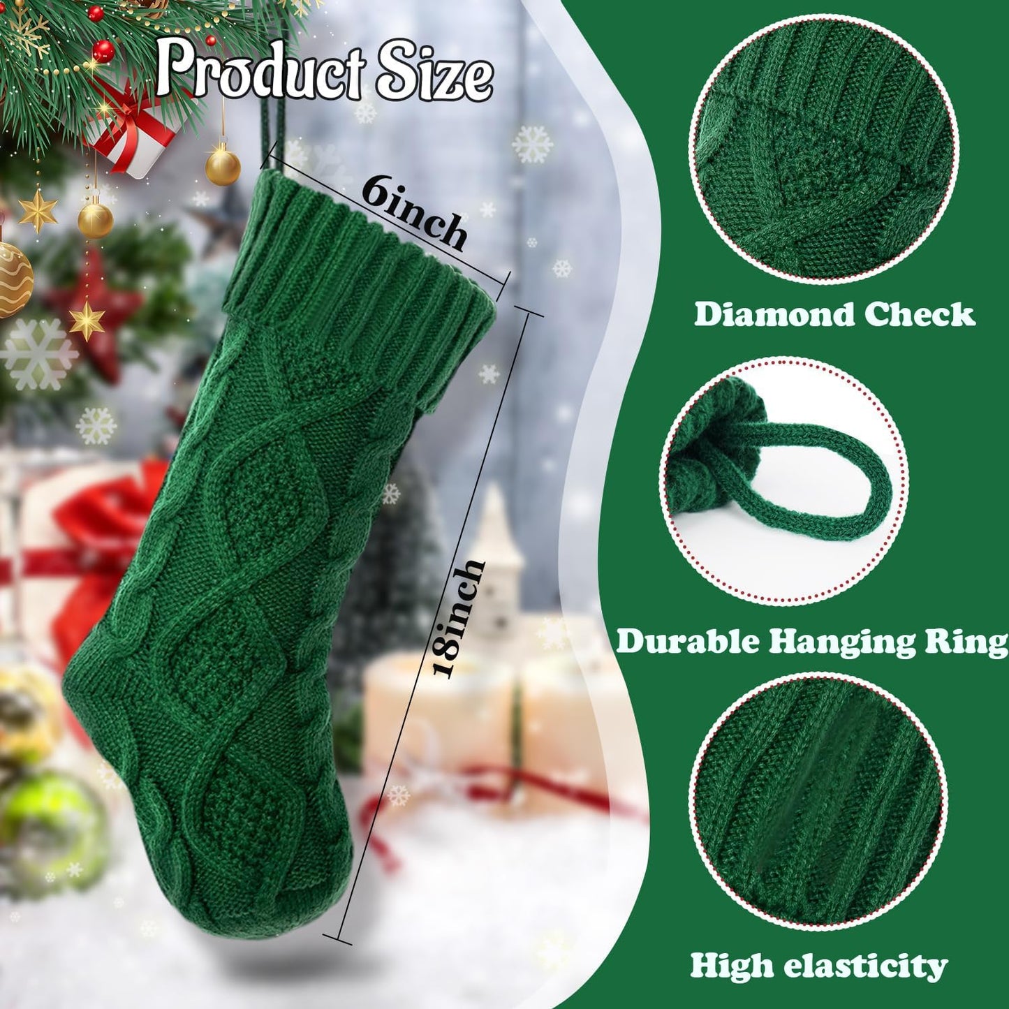 OYB Christmas Stockings，18 Inches Knitted Christmas Stockings，Large Christmas Stockings，Decorations for Family Holiday Xmas Party (Green)