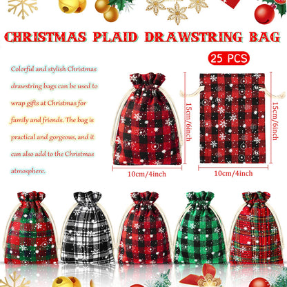 Shappy 25 Pieces Christmas Drawstring Bags 4 x 6 Inch Small Xmas Buffalo Plaid Bags with Snowflake Pattern Linen Cloth Gift Treat Bag for Christmas Holiday Party Favor