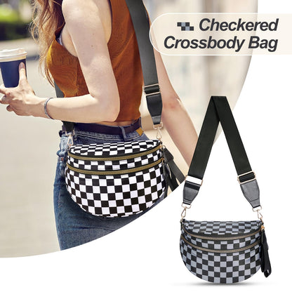 Checkered Crossbody Bag,Nylon Bum Bags for Women Crossbody,Spacious Sling Bag Purse Fanny Packs with Shoulder Strap