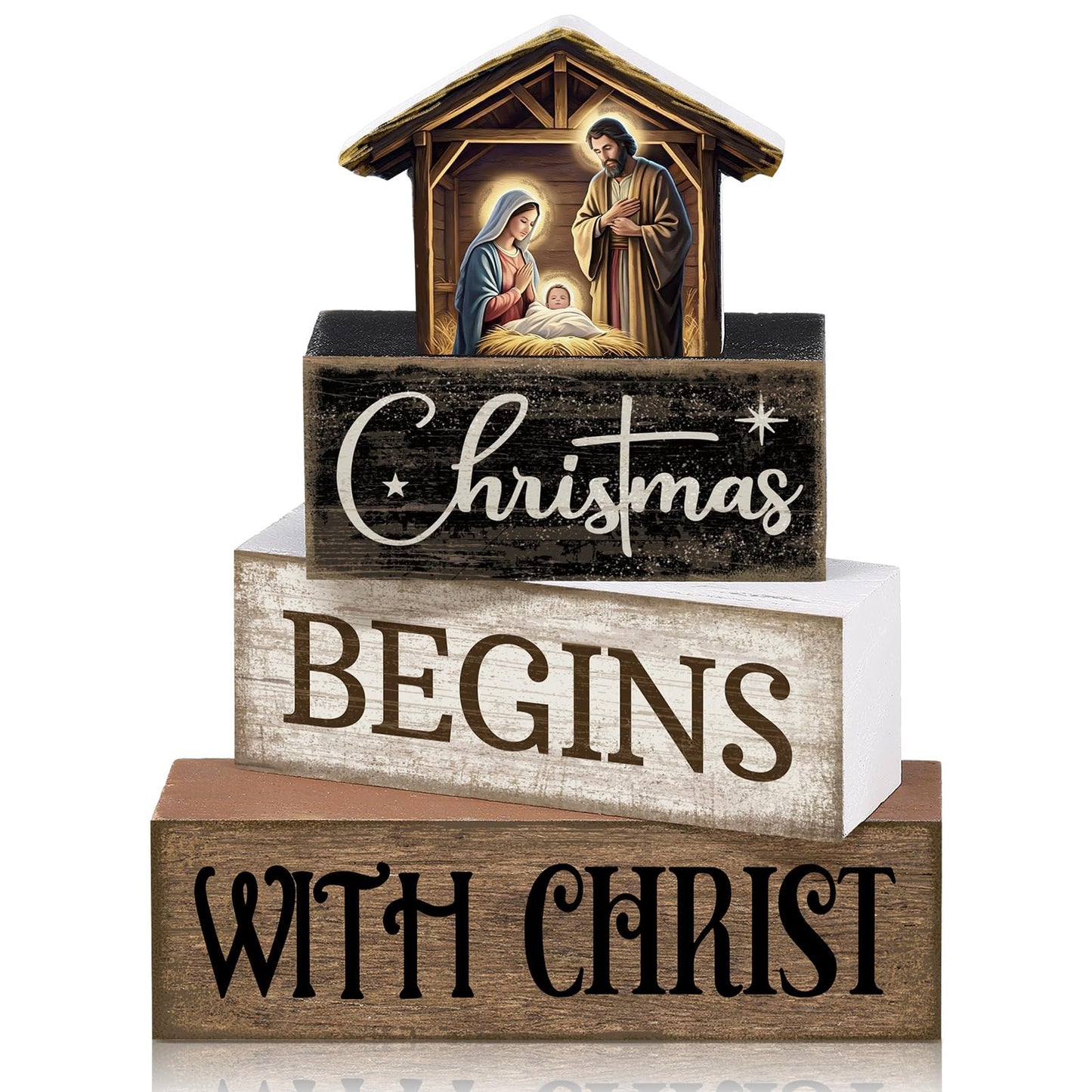 Moucuny 4 Pcs Christmas Table Decoration Christian Wooden Stacked Block Decor, Christmas Begins with Christ Signs with Nativity Scene Topper, Rustic Religious Xmas Tiered Tray Decor for Home Church