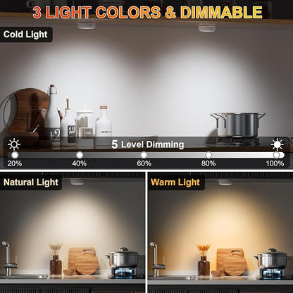 YiaMia Motion Sensor Under Cabinet Lights - 6 Pack, Indoor Smart Sensor Night Light, 3 × AA Battery Operated Wireless Stair Light, Dimmable Puck Lights Suitable for Kitchens, Wardrobes, Hallway