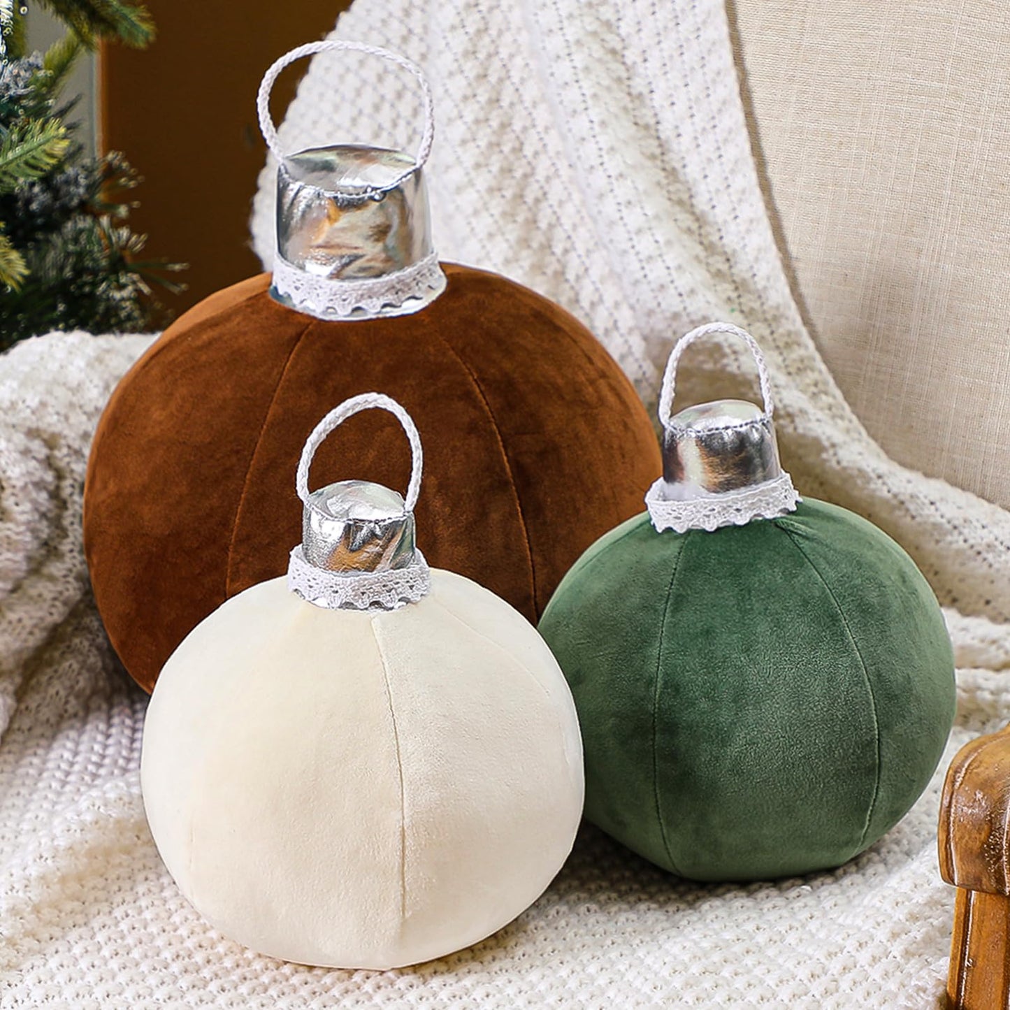 Shellwei 3 Pcs Christmas Bell Pillow Velvet Round Throw Pillows 3D Stuffed Ball Shaped Pillow Neutral Cute Christmas Decorations for Bedroom Living Room and Gift for Christmas(Moss Green,Velvet)