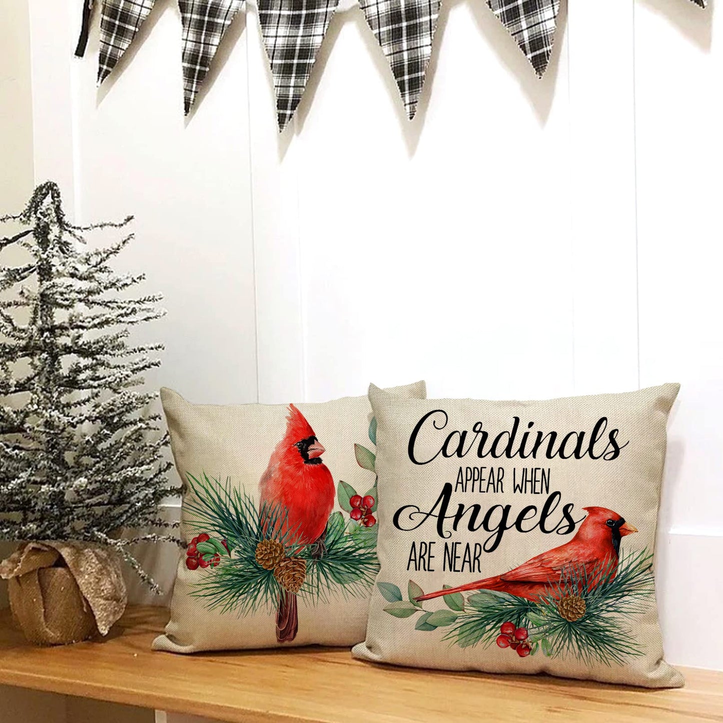 Ussap I Am Always with You Cardinal Red Birds Decorative Throw Pillow Cover Set of 4, Pine Cones Berry Cushion Case Decor, Winter Holiday Memorial Pillowcase Christmas Decorations for Sofa Couch 18x18