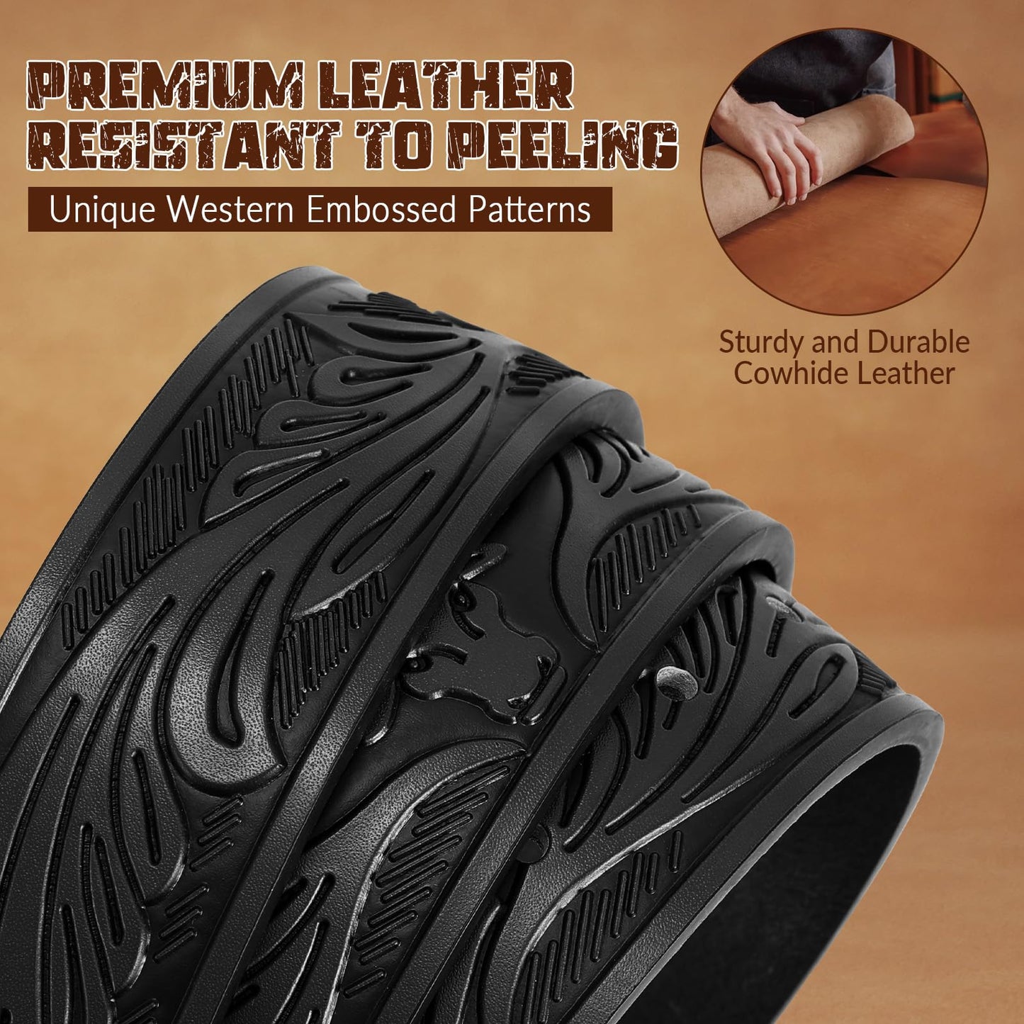 LALATCH Western Belts for Men Women Genuine Leather Cowboy Belt with Longhorn Poker Western Buckle Classic Country Style Black L