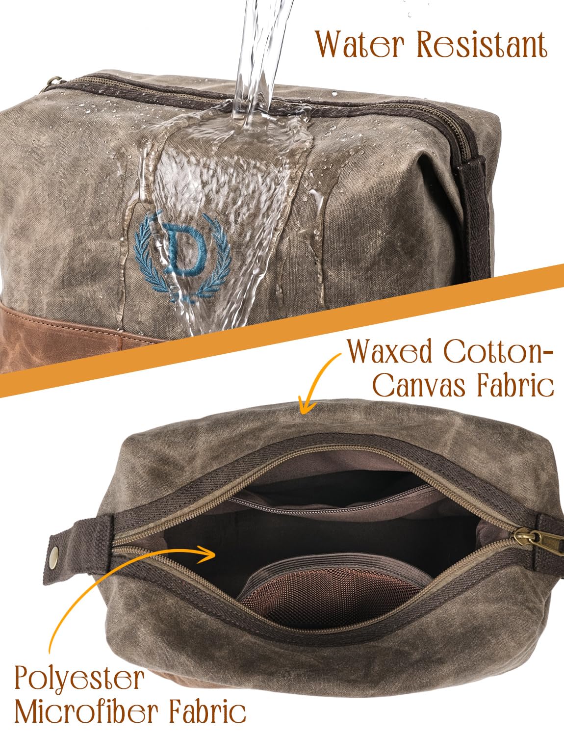 Personalized Toiletry Bag Fathers Day Birthday Gifts for Men, Large Waxed Canvas Travel Dopp Kit Monogrammed Initial Embroidery, Waterproof Shaving Case for Gym Camping Hiking Weekend Trip Letter J