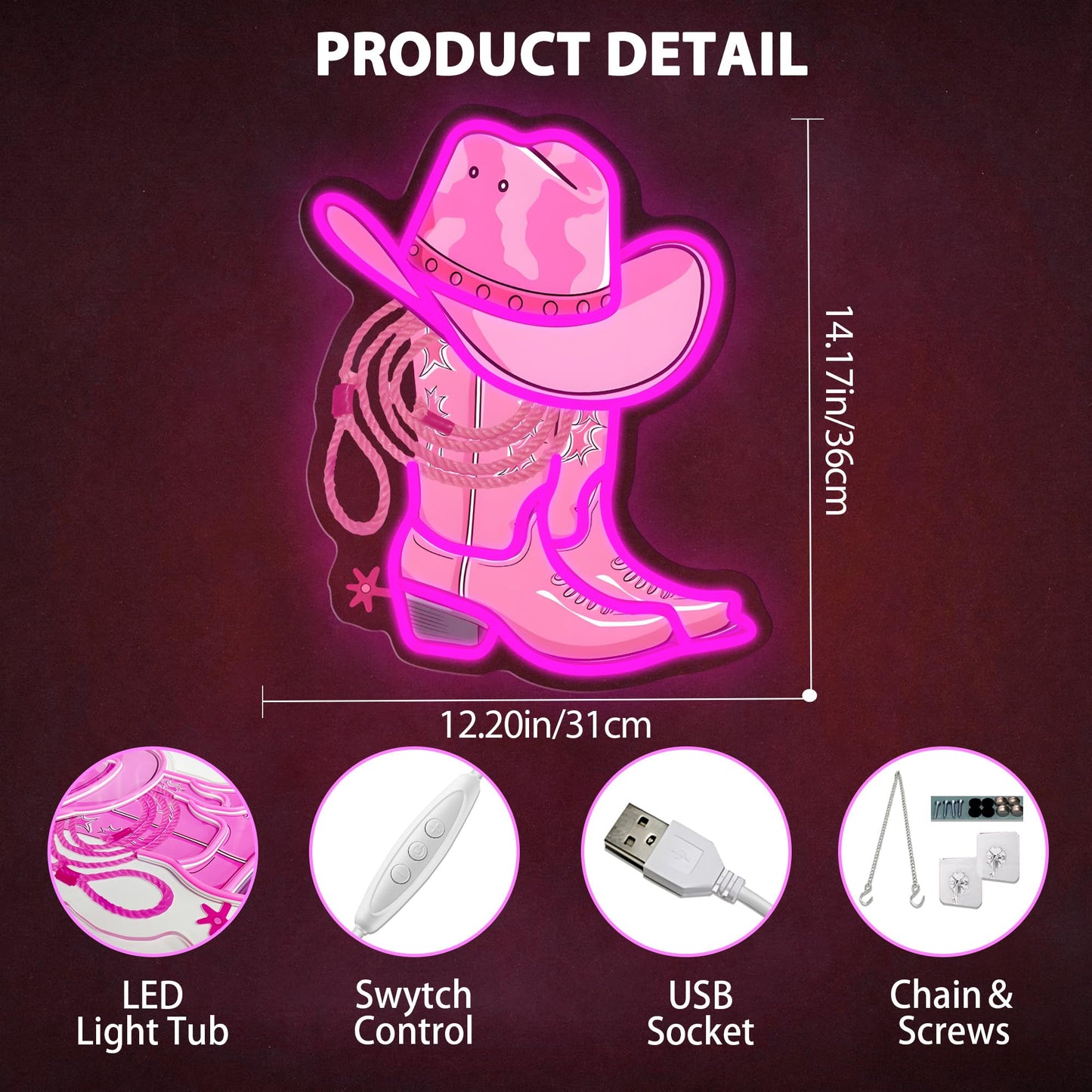 Cowboy Boot with Hat Lasso Neon Signs for Wall Decor, Led Pink Cowgirl Boot Neon Sign, Aesthetic Western Wall Art, Cowboy LED Sign for Room Bedroom Party Bar Decor Birthday Christmas Gifts (Pink)