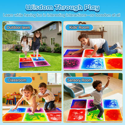 Toddler Sensory Liquid Floor Mats - 6-Piece Liquid Play Mat Pack, 12" x 12" Square Sensory Puzzle Mats for Autism, Lava Brick Dance Step Mats, Montessori Gross Motion Toys for Preschool Classrooms