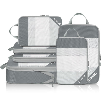 Prezon 8 Set/6 Set/4 Set Compression Packing Cubes for Travel, Lightweight Vacation Travel Essentials,Accessories for Suitcase Organizer Bags Set, Durable Luggage Organizer （6-half mesh-Grey）