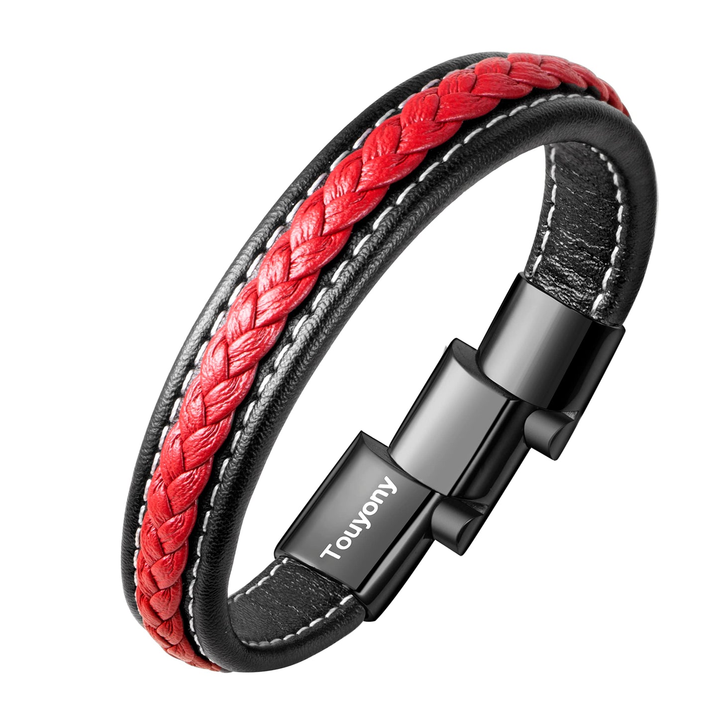 Touyony Red Leather Bracelet for Men Braided Leather Cuff Bracelet Simple Fashion Men's Accessories