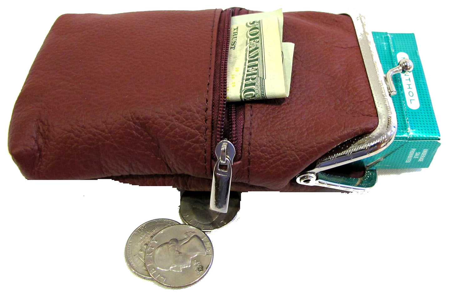 Women 100% Pure Leather Cigarette Case Lighter Match Pocket Zipper Coin Pouch -4 Color (Wine)