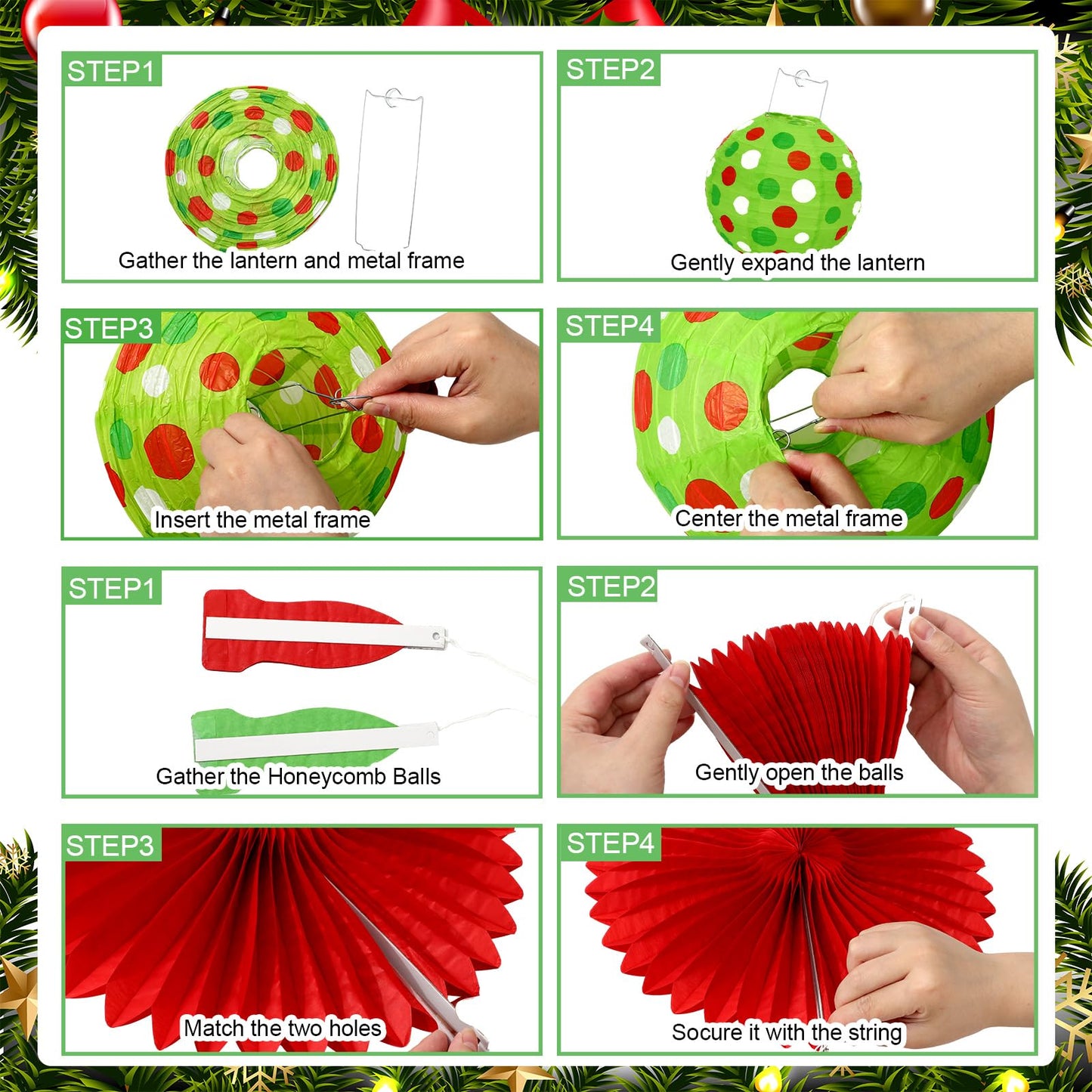 JarThenaAMCS 18Pcs Christmas Paper Lantern Set Red Green Hanging Lanterns with Paper Fans for Xmas Home Party Decoration