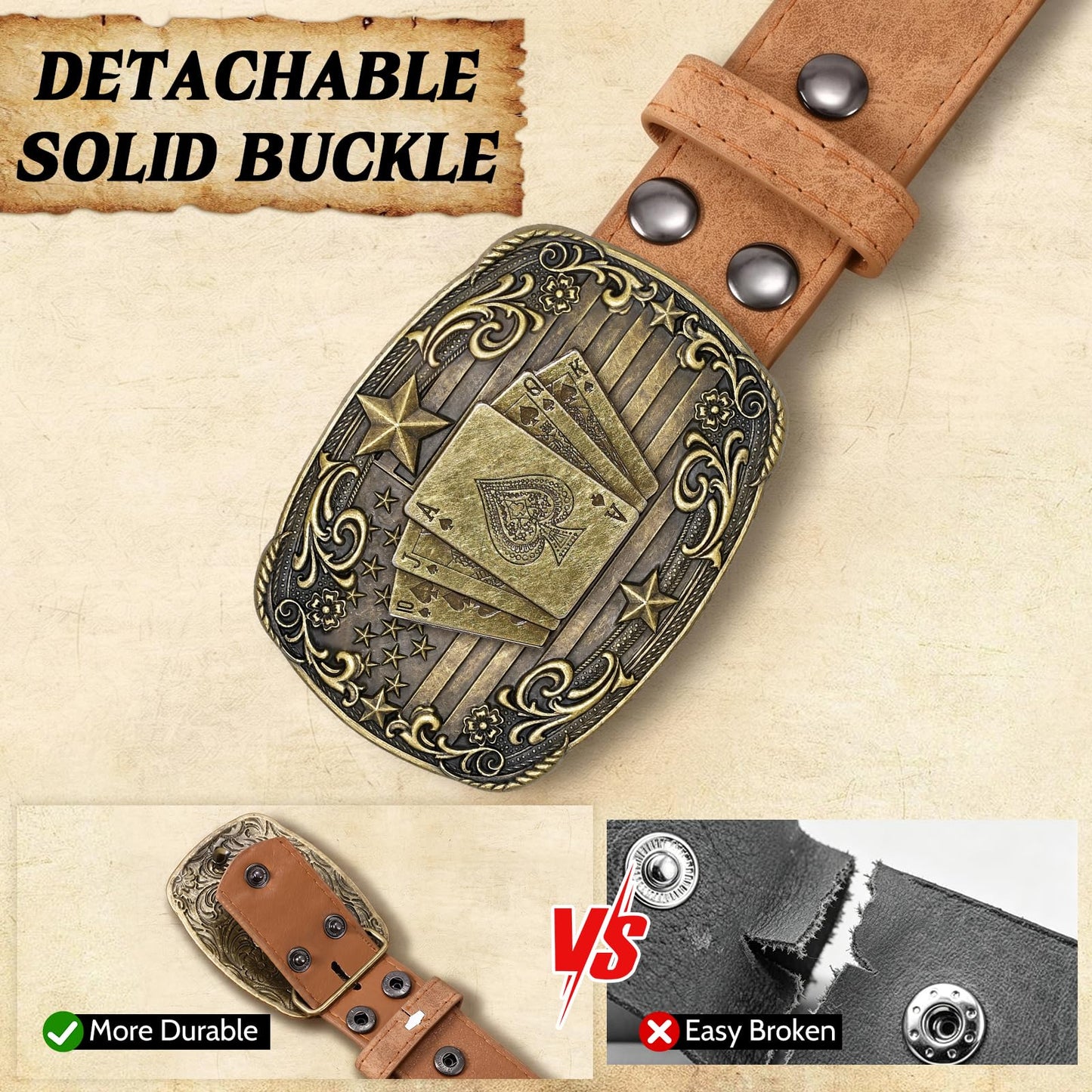 SANSTHS Cowboy Belts for Men Women - Western Belt and Buckle, PU-Leather Rodeo Cowgirl Belt for Jeans, Brown poker 1.5"