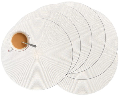 Zupro Round Placemats Set of 6,Braided 15 inch Table Mats Heat Resistant Non-Slip Washable,for Kitchen Dining Tables Four Seasons Dinner Parties Thanksgiving Christmas and Everyday Use.White