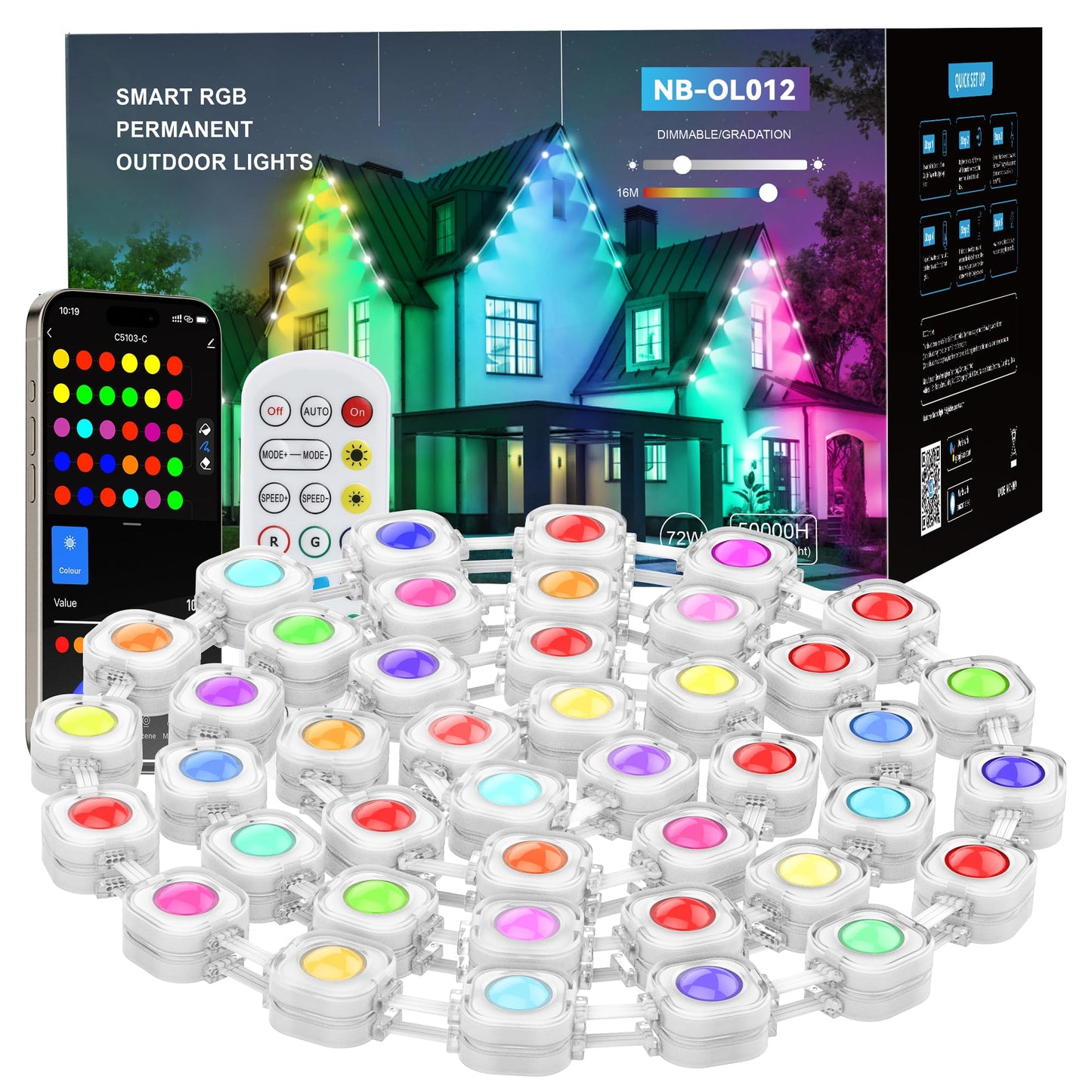 Permanent Outdoor Lights, 50ft Smart RGB Outdoor Light, 36 LED Eaves Lights with 54 Scene Mode, IP67 Waterproof for Halloween, Christmas, New Year, Holidays, Daily Lighting, APP Voice Remote Control