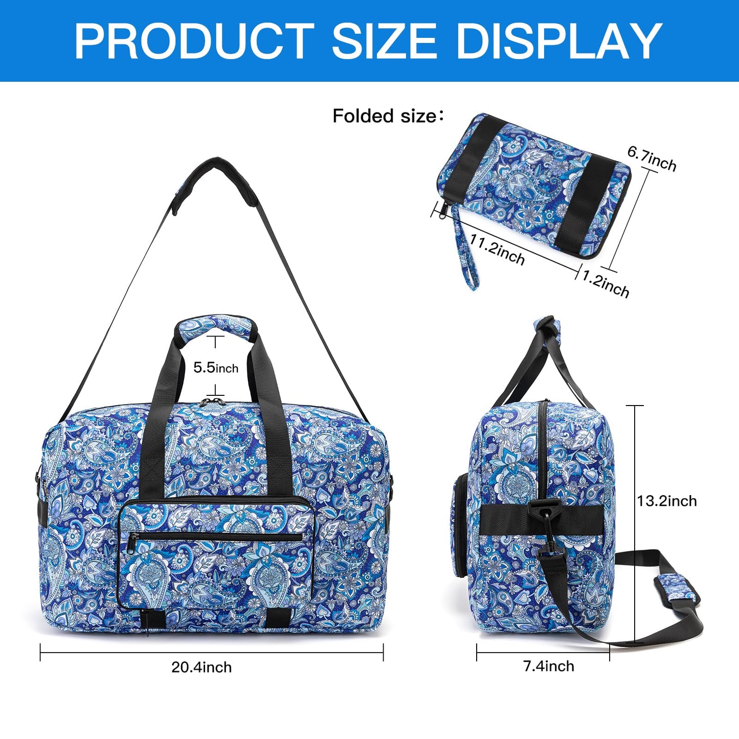 F.FETIVIN Weekender Bag Carry On Travel Duffle Bag Medium Overnight Bag for Women (Blue Paisley)