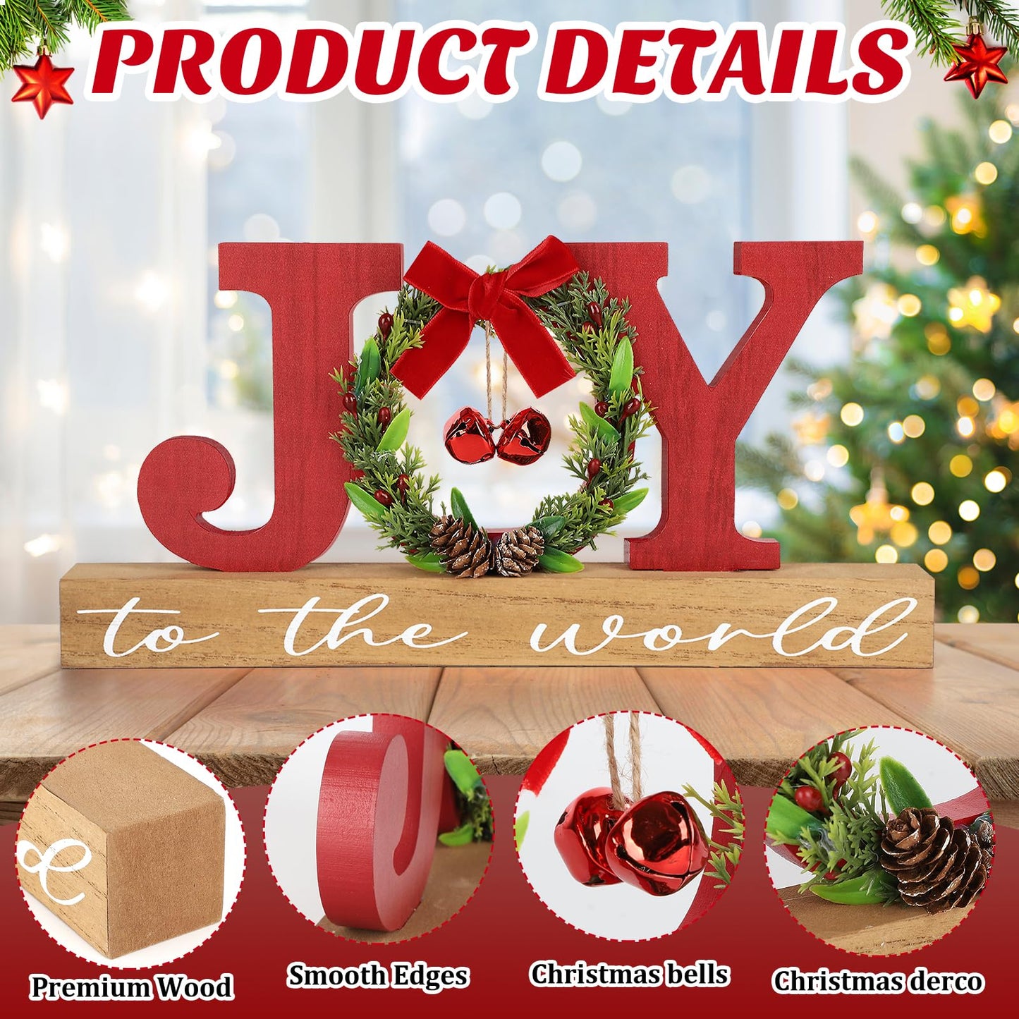 Christmas Wooden Joy Sign Decor,Christmas Tiered Tray Tabletop Decorations Indoor,Freestanding Xmas Joy Sign Table Centerpiece for Office Desk Shelf Holiday Home Party Mantel Gift Winter Rustic