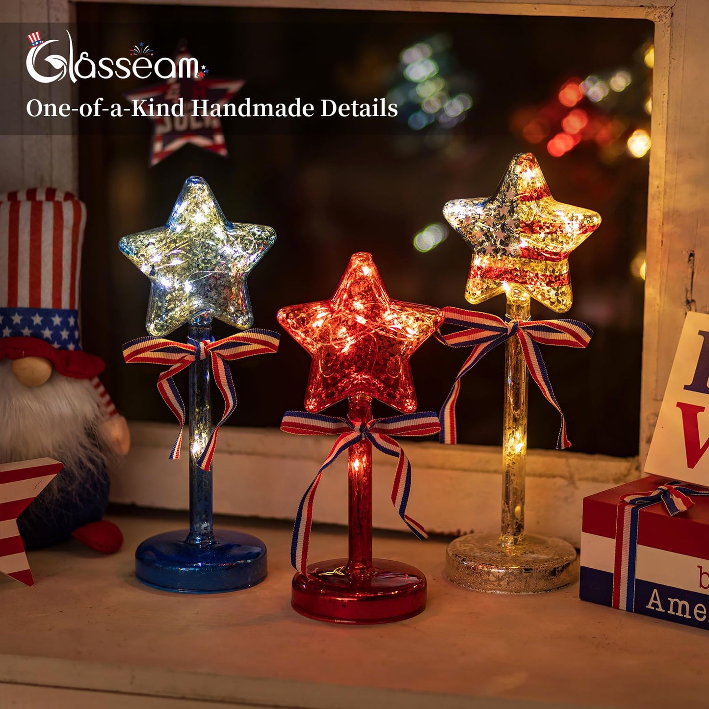 Glasseam 4th of July Decorations Centerpiece: 3PCS Memorial Day Decorations for Table Red White and Blue Lights with Timer Mercury Glass Patriotic American Flag Stars Lights for Home Party Ornaments