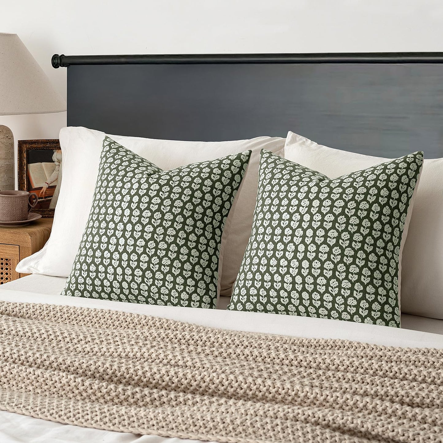 MIULEE Winter Block Print Pillow Covers 18x18 Inch Set of 2, Christmas Vintage Floral Throw Pillow Cases Neutral Linen Farmhouse Cushion Covers for Couch Sofa Bed Chair Living Room, Army Green