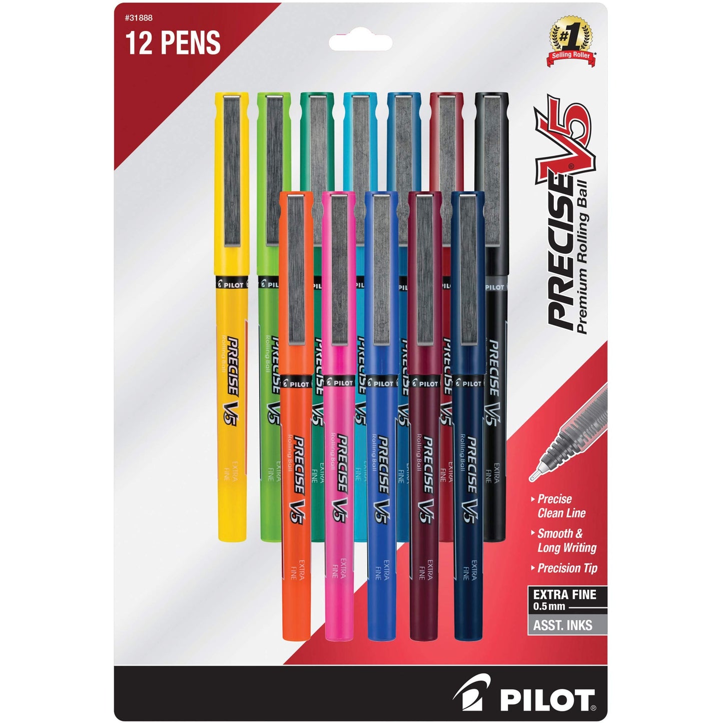 PILOT Precise V5 Stick Liquid Ink Rolling Ball Stick Pens, Extra Fine Point (0.5mm) Assorted Ink Colors, 12-Pack (31888)