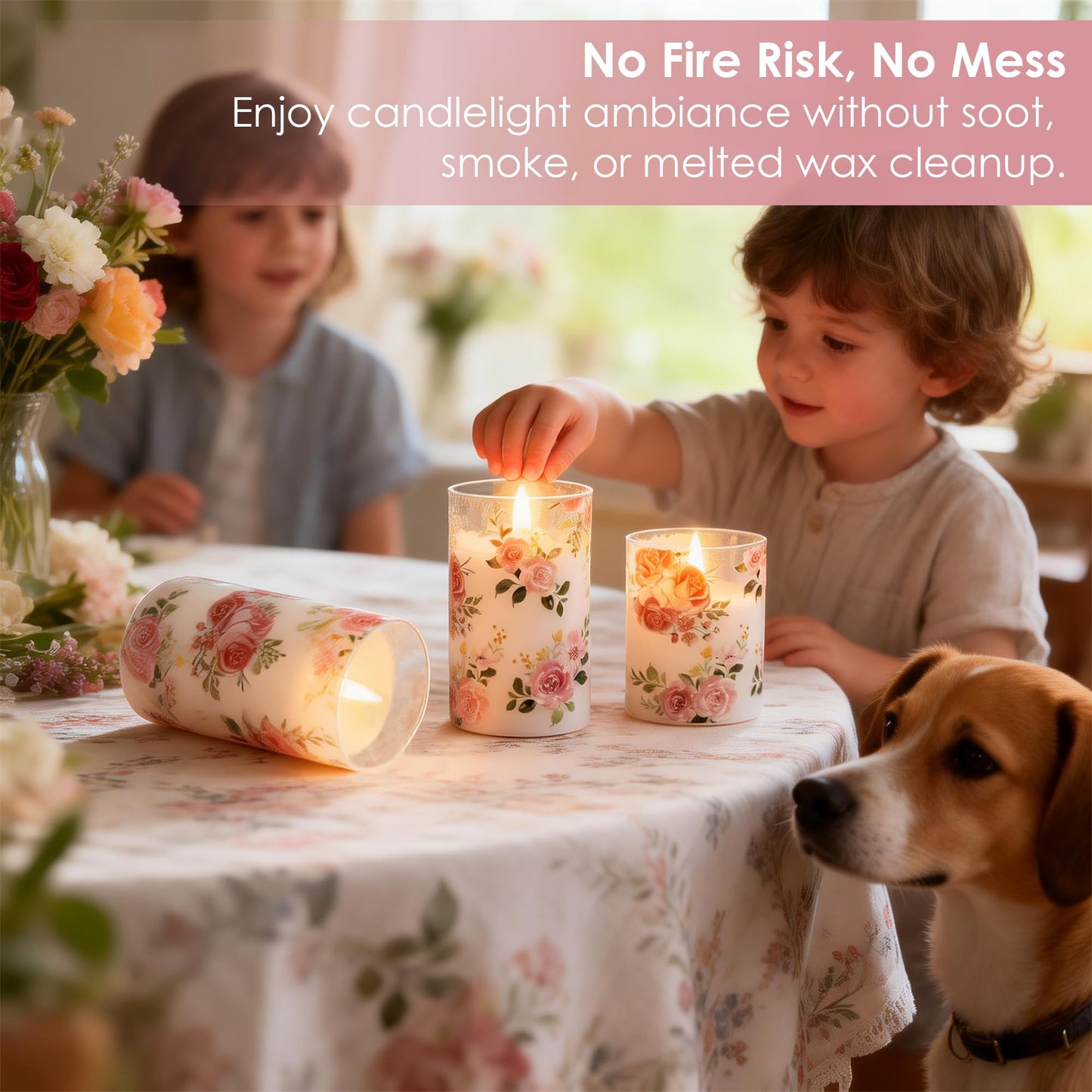 LUSHARBOR Flameless Candles with Remote, Battery Operated Glass Candles Pink Rose Flickering LED Candles Real Wax Floral Christmas Decor Electric Pillar Candles Set of 3