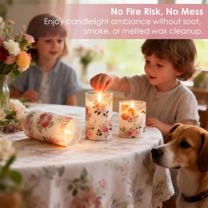 LUSHARBOR Flameless Candles with Remote, Battery Operated Glass Candles Pink Rose Flickering LED Candles Real Wax Floral Christmas Decor Electric Pillar Candles Set of 3
