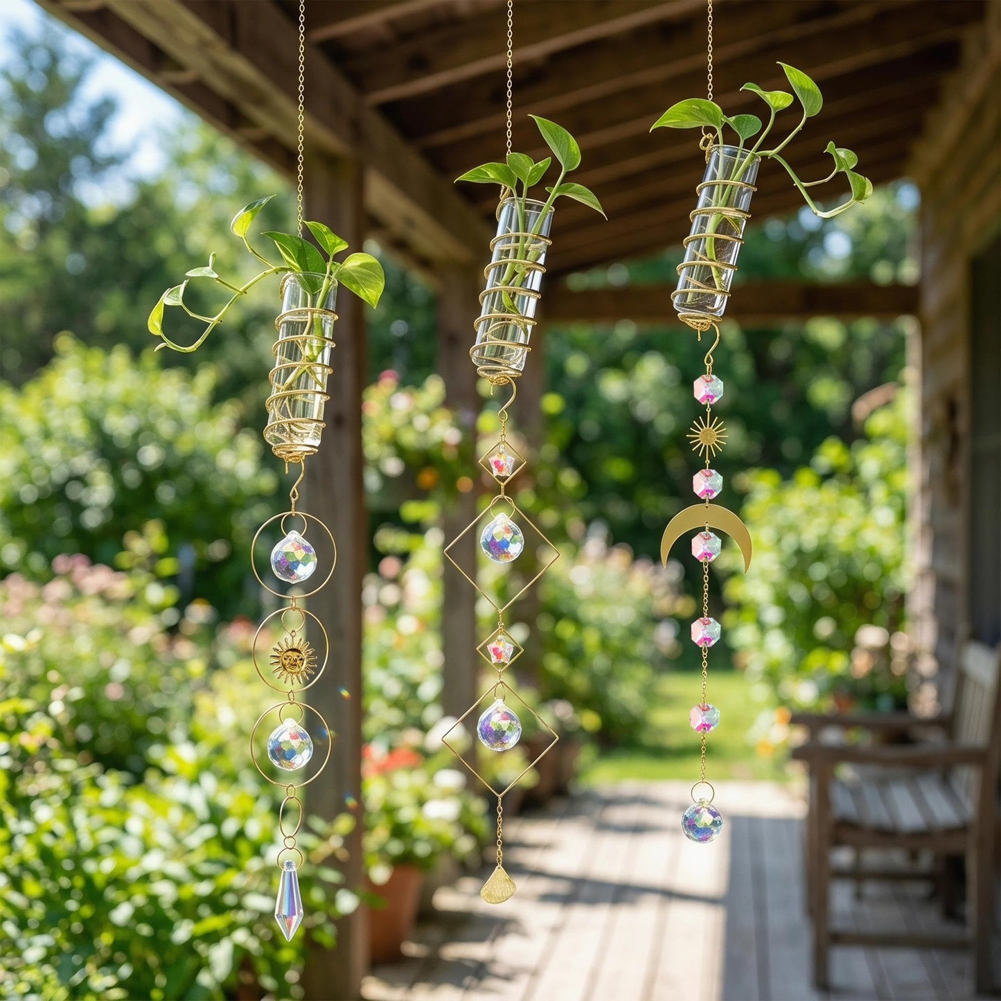 HDCRYSTALGIFTS 3pcs Crystal Suncatchers with Plant Propagation Tubes for Window Wall Hanging, Mini Flower Vase Glass Planter Stations for Hydroponics Home Garden Office Decoration Plant Lover Gift