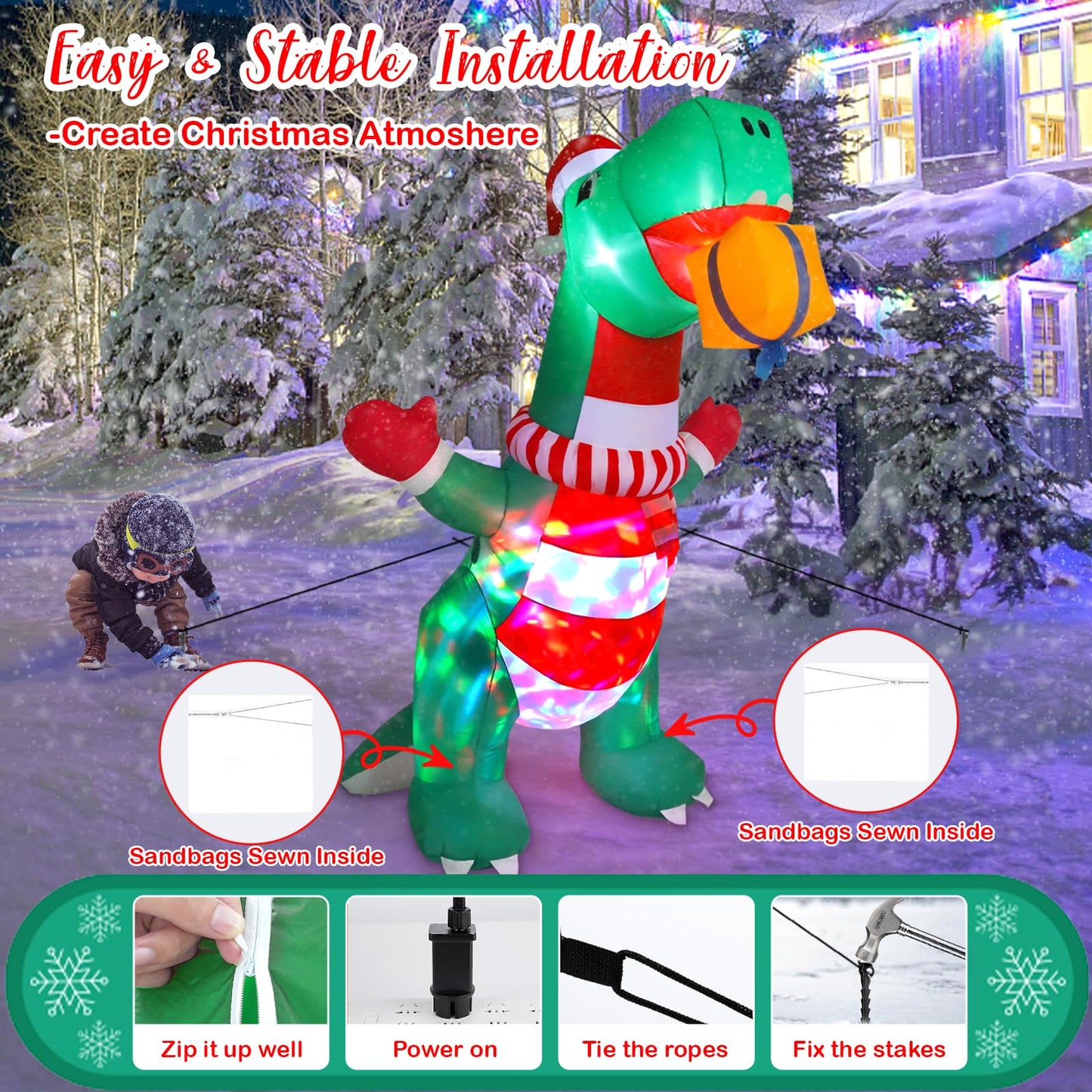 8FT Christmas Inflatables Outdoor Decorations, Blow Up Yard Dinosaur Decoration with Christmas Hat & Gift Box, Built-in LED Lights for Holiday Garden Patio Lawn Party, for Him, Her