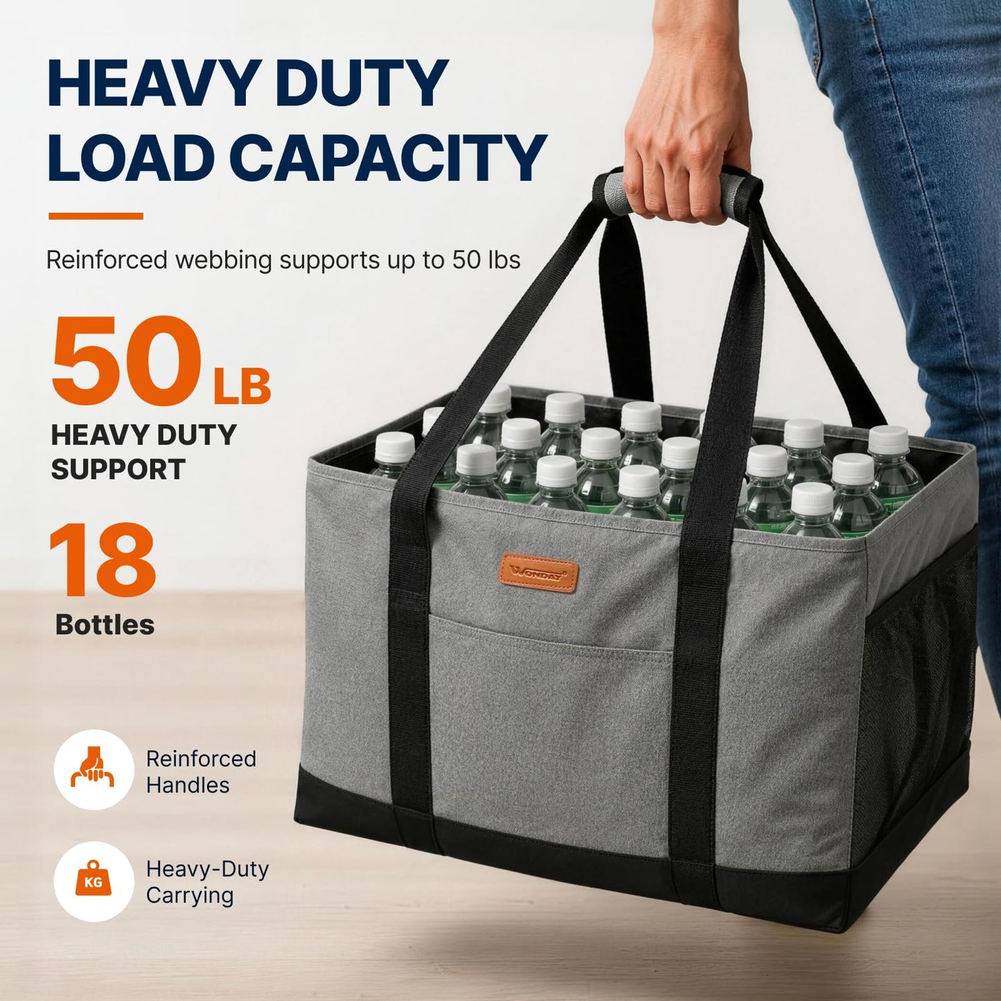 WONDAY Extra Large Foldable Grocery Tote Bag With Handles for Storage, Picnics, Beach, Pool, Laundry - Reusable Shopping Bag (Grey)