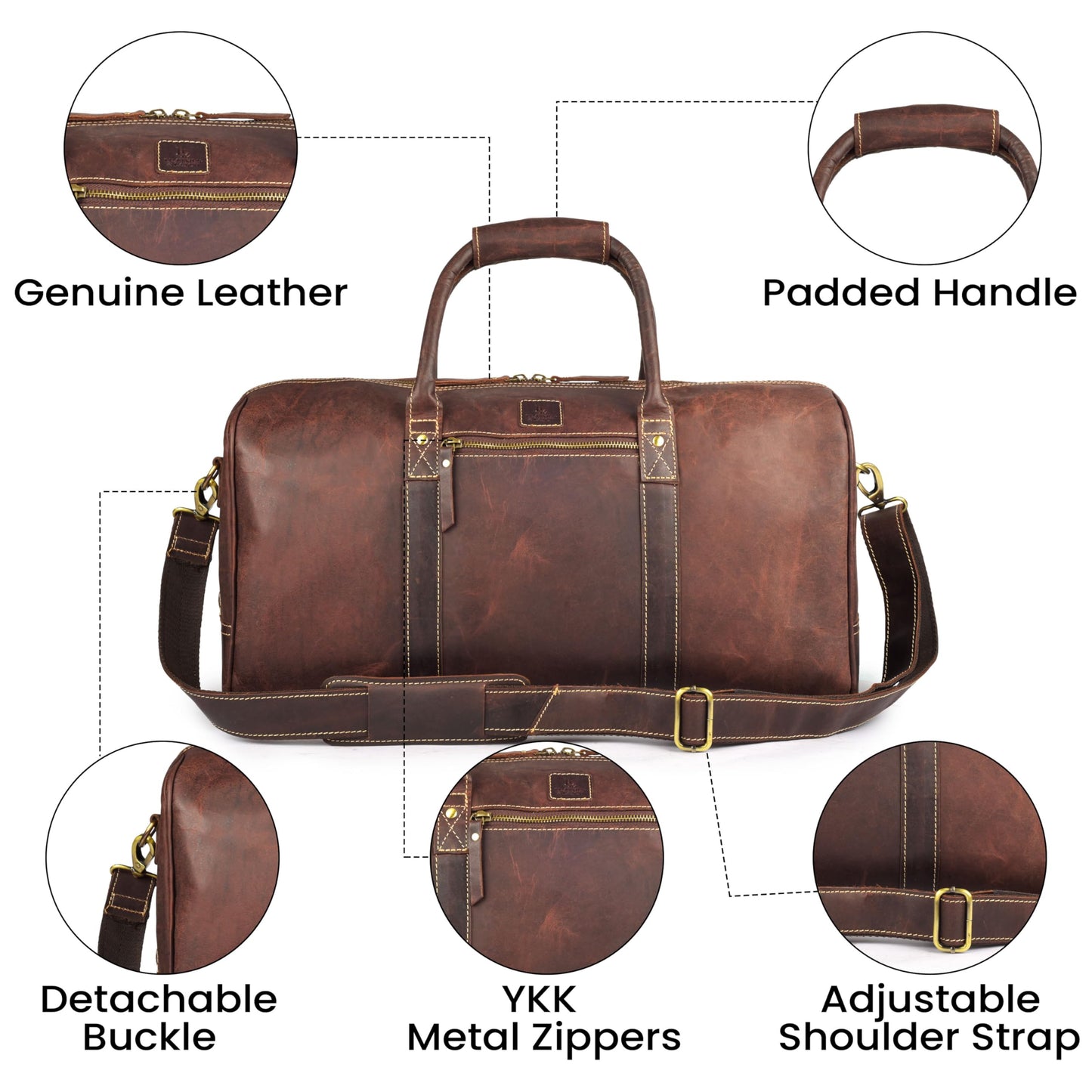 Genuine Leather Duffle Bag for Men & Women – Stylish Travel Weekender Bag with Shoulder Strap – Overnight, Gym, or Carry-On Luggage Bag - Mulburry Brown