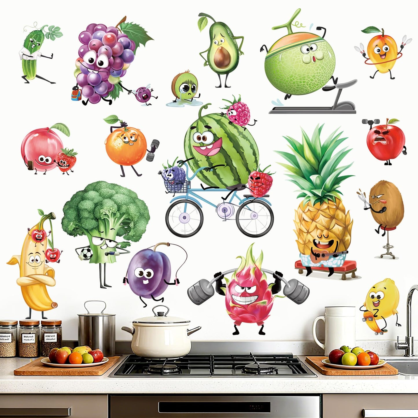 wondever Kitchen Fruit Wall Stickers Cartoon Vegetables Peel and Stick Wall Art Decals for Kitchen Cabinet Cupboard Fridge