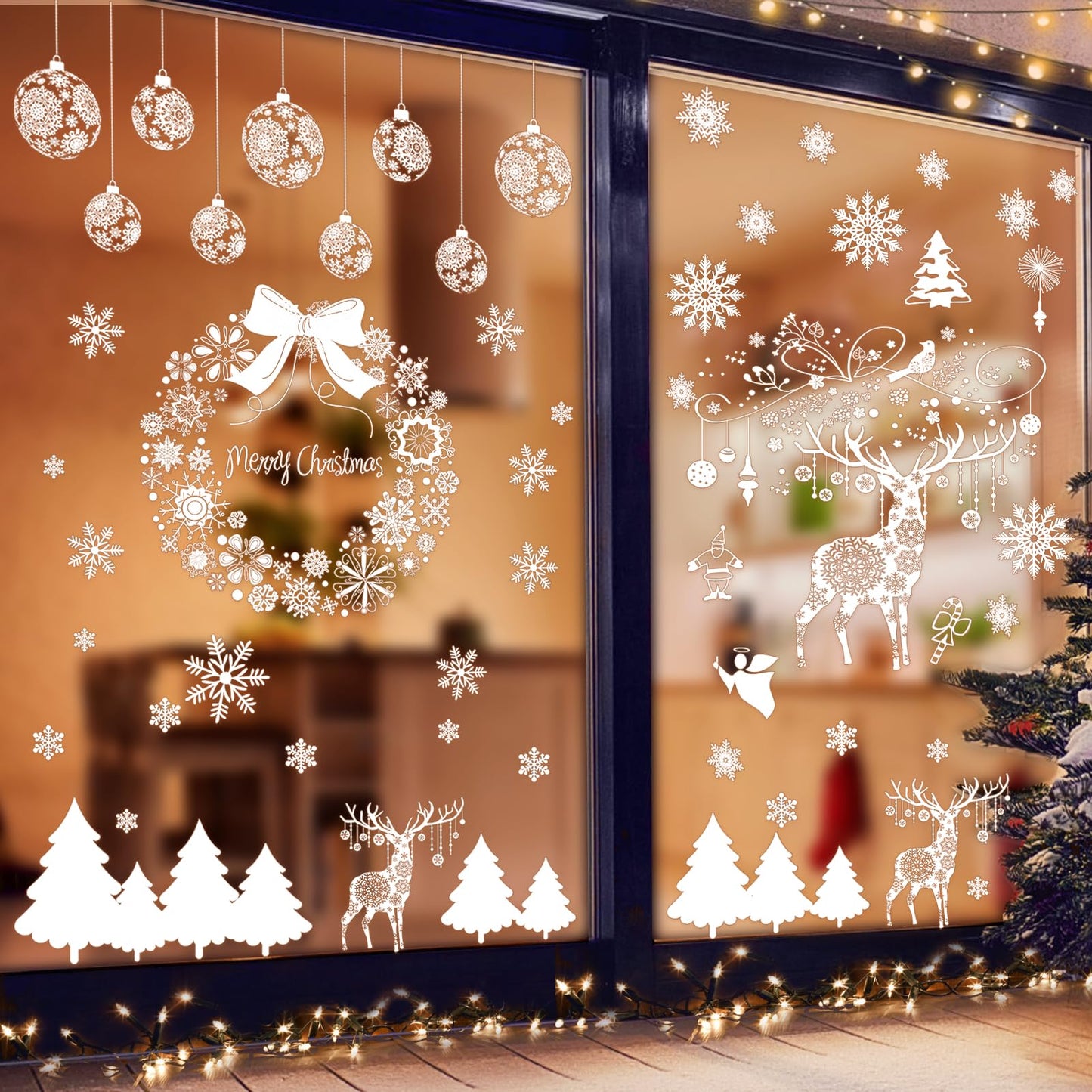 Super Huge Christmas Window Clings Static Snowflake Decorations, Reindeer Xmas Decor Winter Wonderland Decorations Window Stickers Decals for Indoor Holiday Party Decoration (4 Sheets)