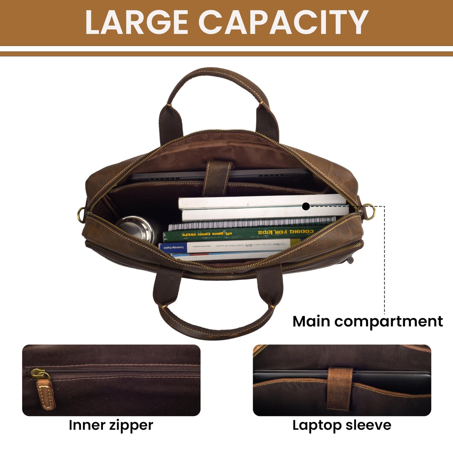 Mens Full Grain Leather Briefcase Fits 16 Inch Laptop, Leather Laptop Messenger Shoulder Satchel, Vintage Professional Work Office Bag - Brown