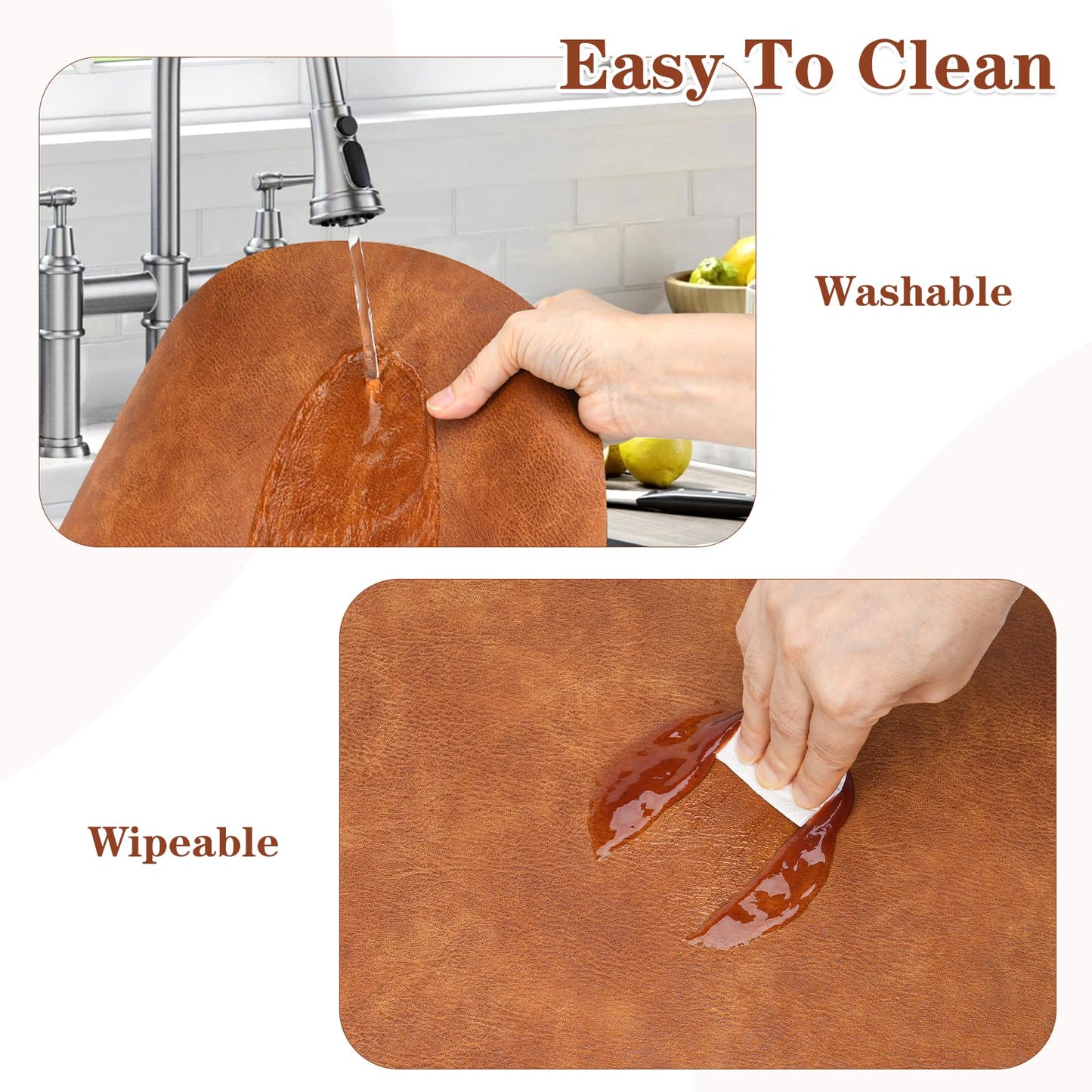 Pixieora Oval Placemats and Coasters Set of 8, Washable Reversible Faux Leather Placemats Cowhide Pattern Place Mats Wipeable Non-Slip 12 x 17 inch Kitchen Dining Table Mats (Gray Brown, 8)