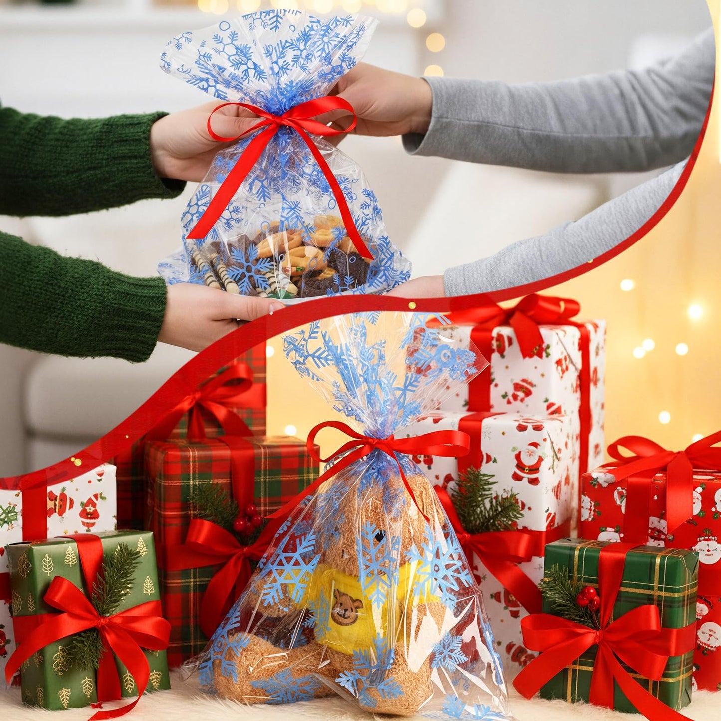 Tenceur 100 Sets Cellophane Cookie Tray Bags with Red Ribbons 15.8" x 19.7" Clear Cellophane Goodie Treat Basket Bags for Gift Giving Xmas Holiday Parties Wrap (Vivid Style)