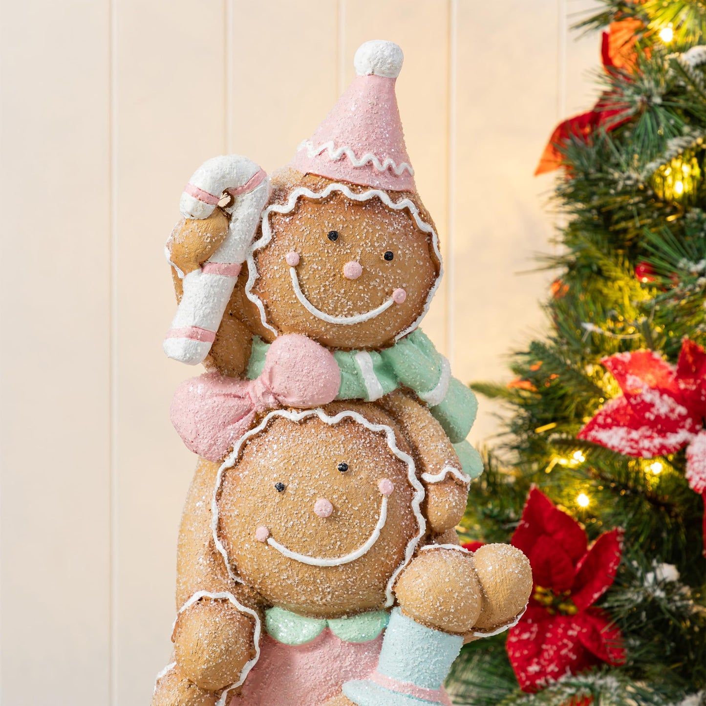 Glitzhome Christmas Gingerbread Man Porch Decor, 29.25" Stacked Macaron Pink Resin Outdoor/Indoor Holiday Yard Statue, Hand-Painted Festive Display for Entryway