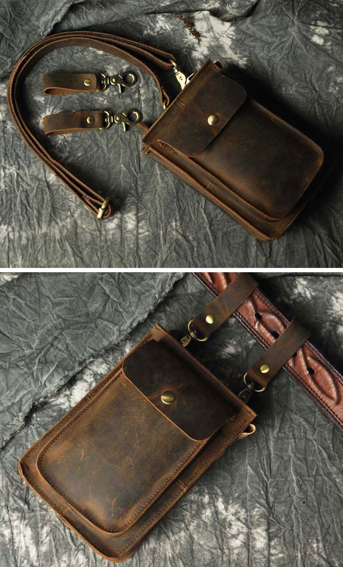 Le'aokuu Mens Genuine Leather Messenger Shoulder Satchel Waist Bag Pack (021 A1 Dark Brown)