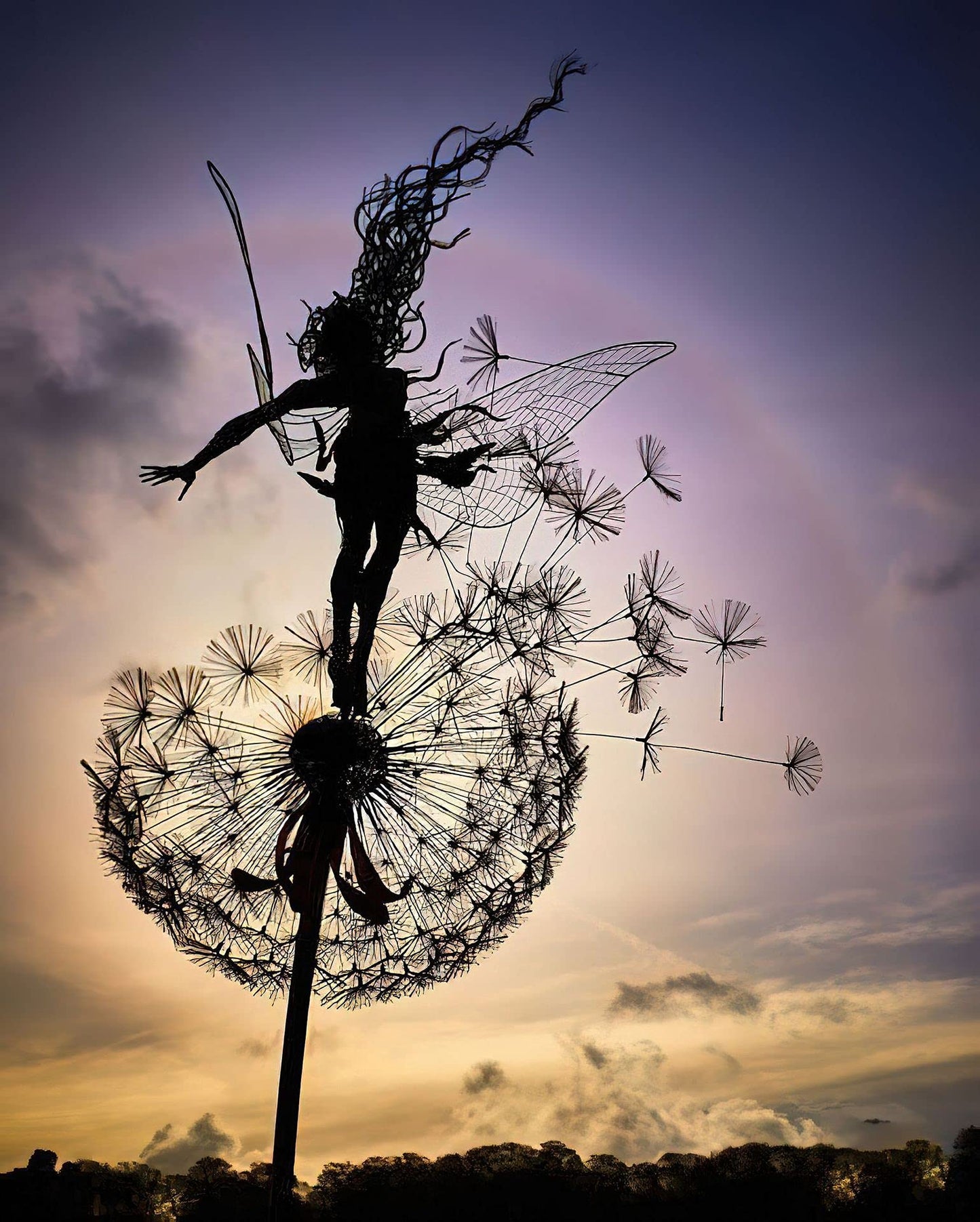 Fcteap Flower Fairy Dancing with Dandelion Garden Art Sculpture Stainless Steel Statue Christmas Halloween Decoration for Outdoor Yard Courtyard Lawn Patio Metal Ornaments (Open Hands)