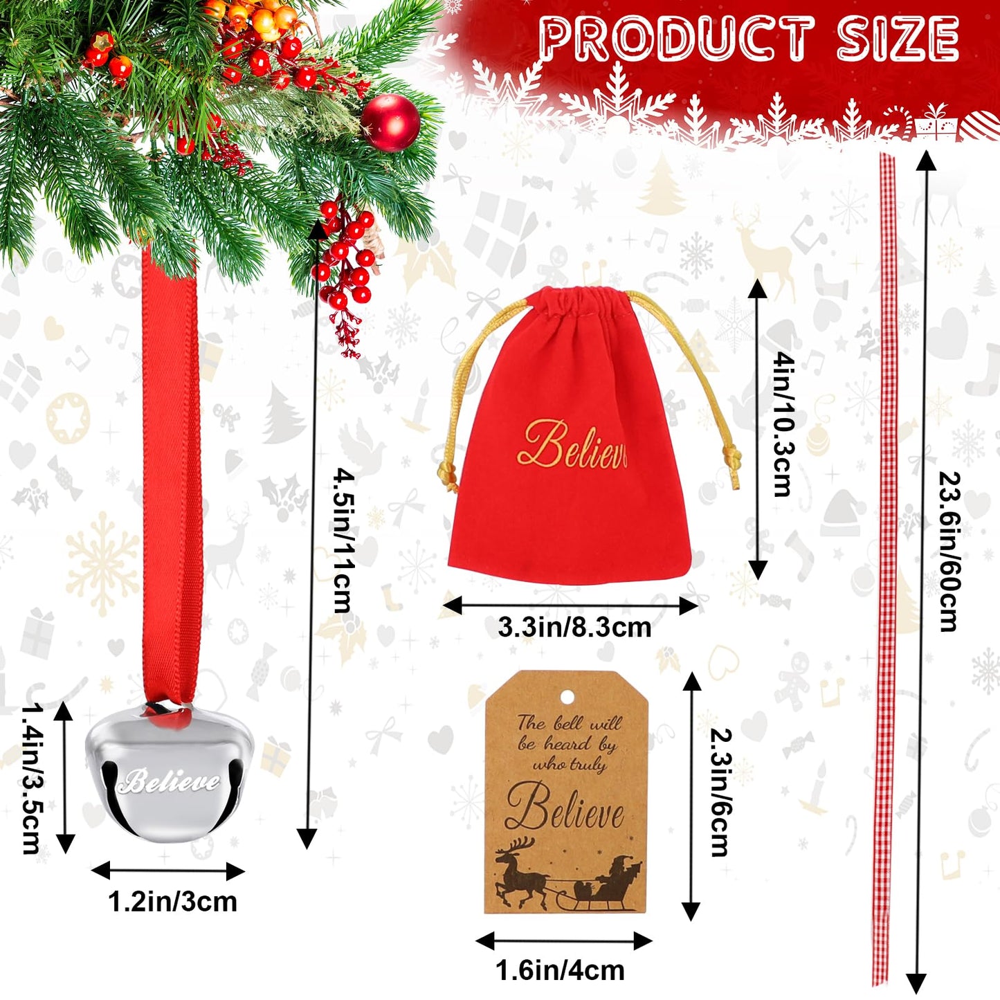 Christmas Believe Bell Ornaments, Polar Express Bell, Silver Sleigh Bell, Christmas Tree Bell Decoration Holiday Treat Gifts for Kids & Adults