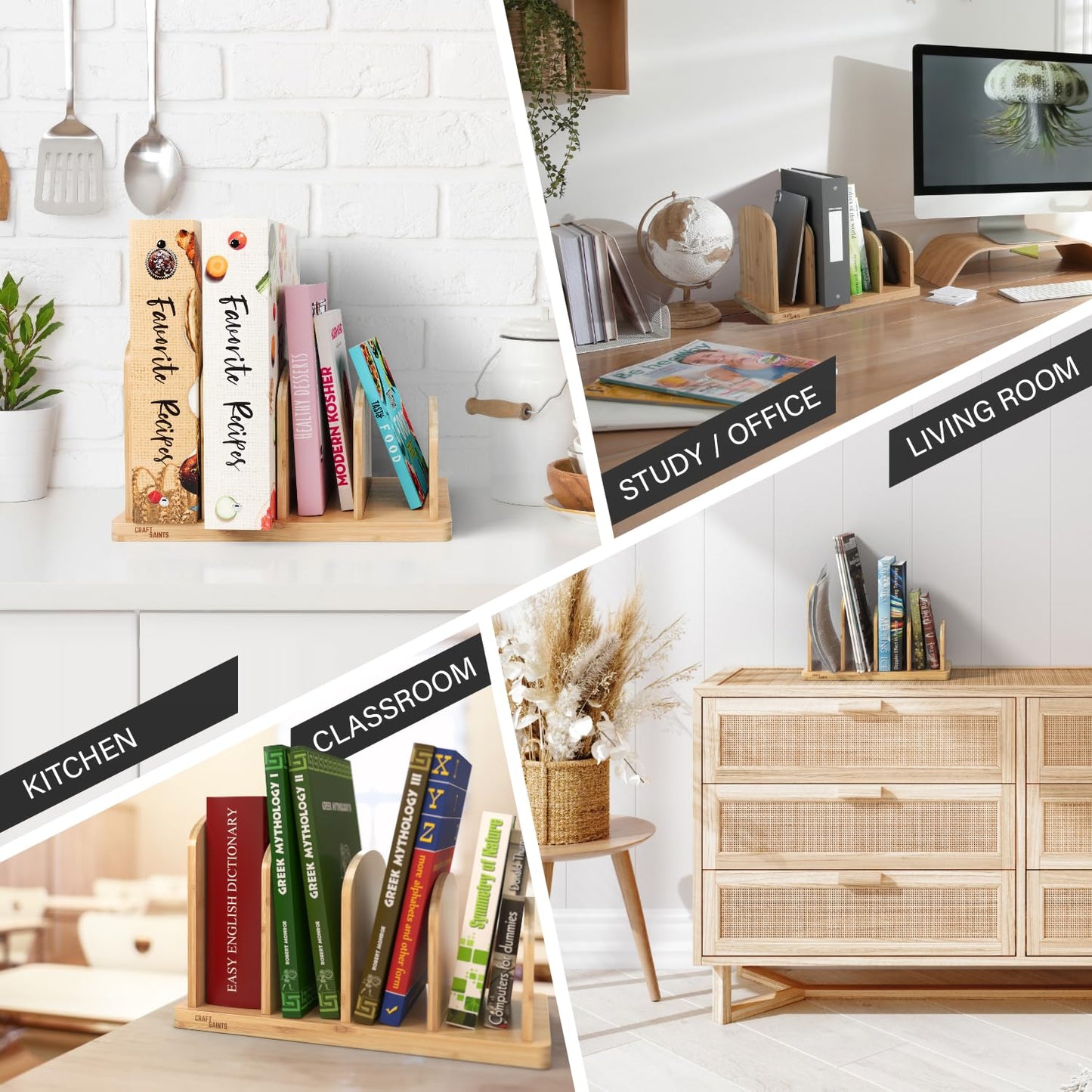 Cook Book Organizer, Recipe Book Holder Rack, Tabletop Stand for Convenient Cookbook Storage, Vertical 4 Tier Cook Book Stand Kitchen, Binder Holder for Desk & Countertop (Bamboo)