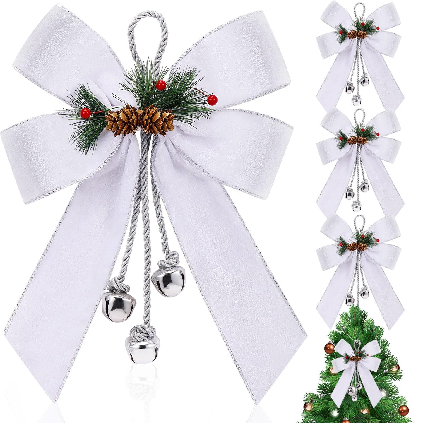 Yinkin Christmas Tree Wreath Bow Christmas Ribbon Bows with Bells 11 x 7.8 in Velvet Pine Cone Bowknot Xmas Tree Hanging Ornaments Decor for Home Xmas Party Outdoor Indoor(White,4 Pcs)
