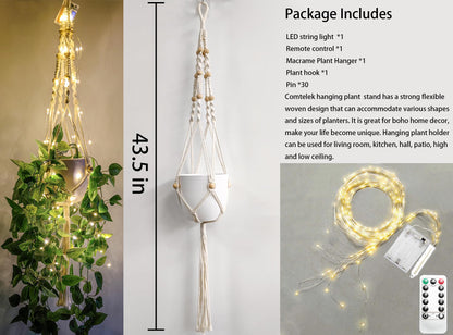 Macrame Plant Hanger with Lights Indoor Hanging Planter Basket with Wood Beads Flower Pot Holder Handwoven Cotton Rope Tassels for Boho Home Window Decor 43.5 Inch, Ivory (POTS NOT Included)