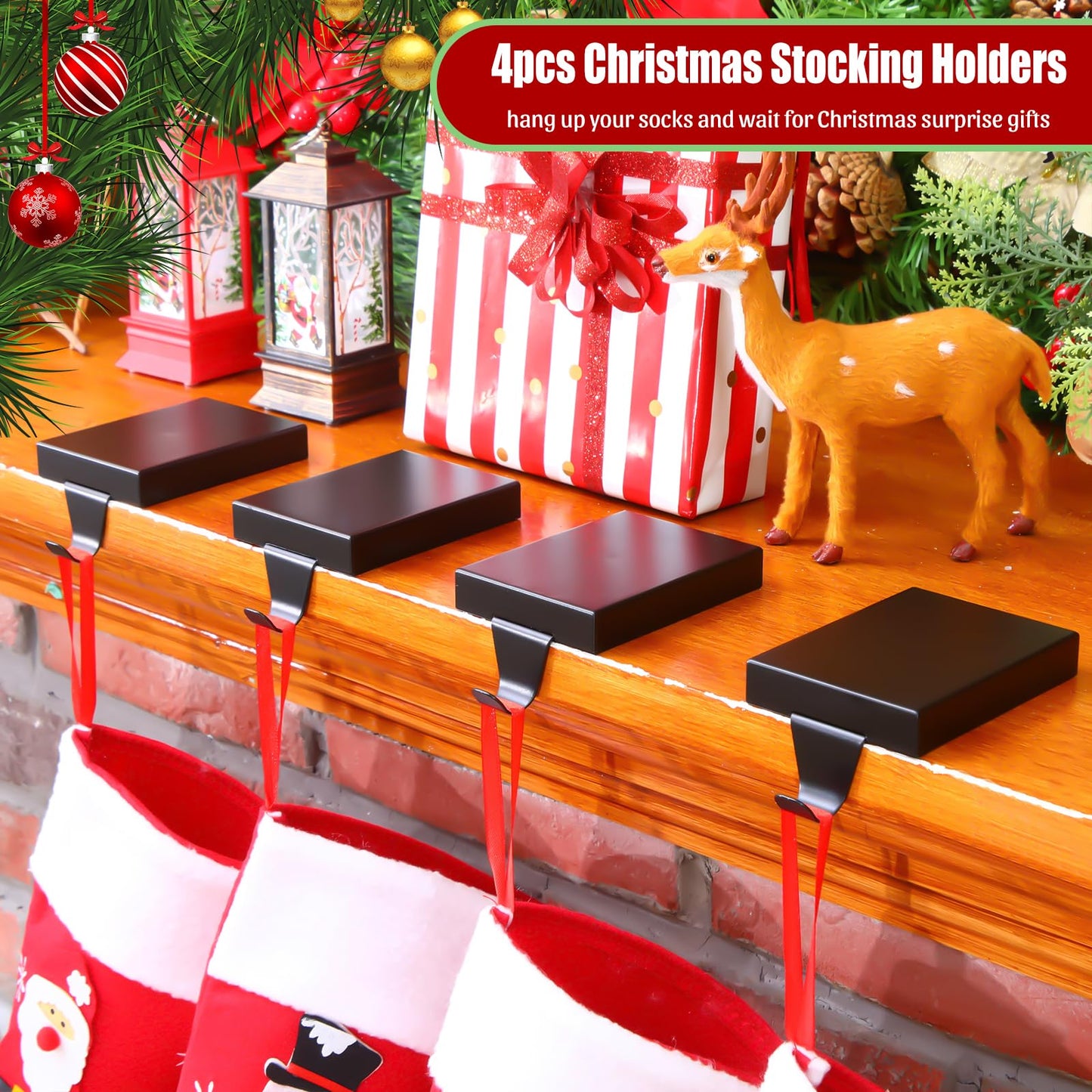 Zonon Christmas Stocking Holders for Mantle Heavy Duty Iron Stocking Hangers Hooks Mantel with Non-Slip Protective Pad, Mantle Garland Hanger for Fireplace Stair Home Shelf Decor (Black,4 Pcs)