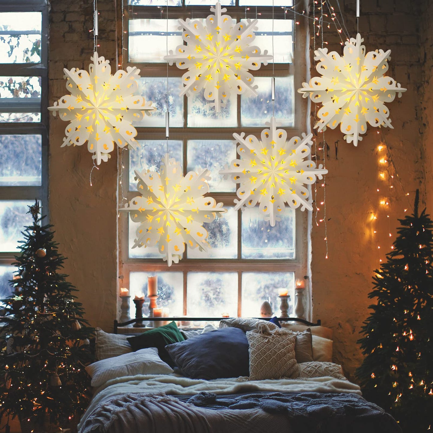 23.6 Inch Christmas Star Snowflake Paper Lantern with Light Timer Paper Lamp Party Supplies Hanging Decoration for Weddings Christmas Trees Birthday Holiday Party Celebration (Adorable Style)