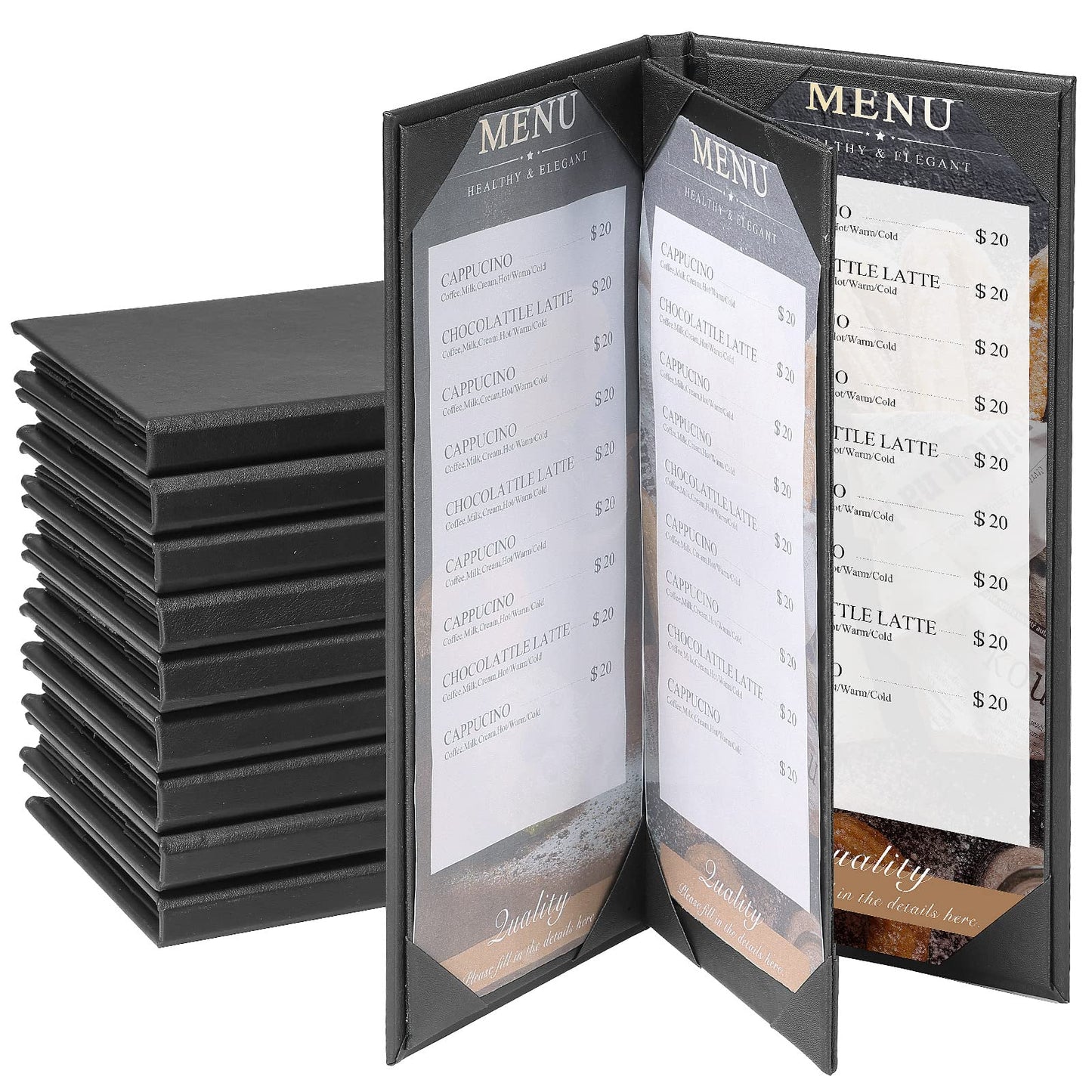 AMGSH 10 Pack 4 View Menu Holder Menu Covers 4.25" x 11" | 10 Pack Black Leather Menu Sleeves Book Style for Restaurant Coffee Bars Wine List (4 View, 10 Pack)