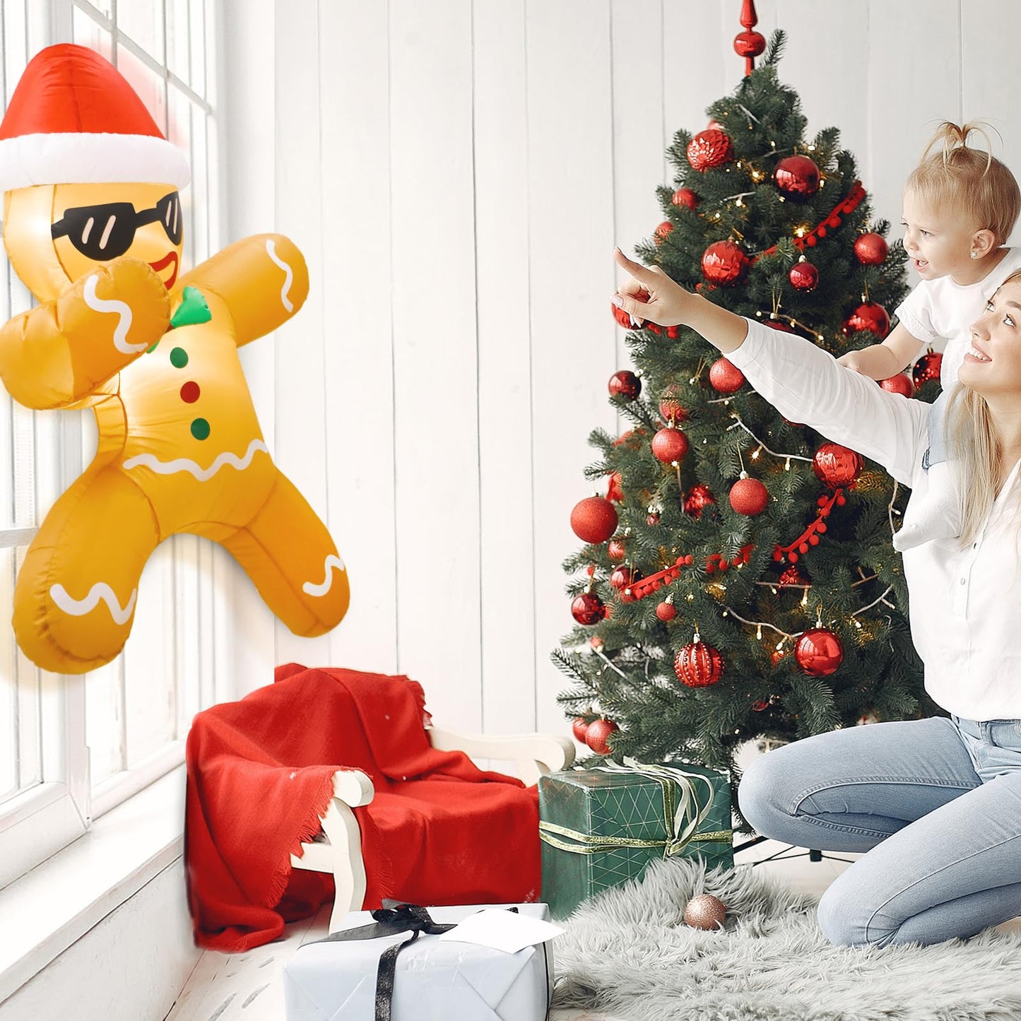 CYAOOI 3.5 FT Inflatables Gingerbread Man Christmas Decorations Outdoor, Funny Gingerbread Inflatable with Xmas Hat Broke Out from Window, Christmas Blow Up with LEDs for Indoor Outside Garden Decor