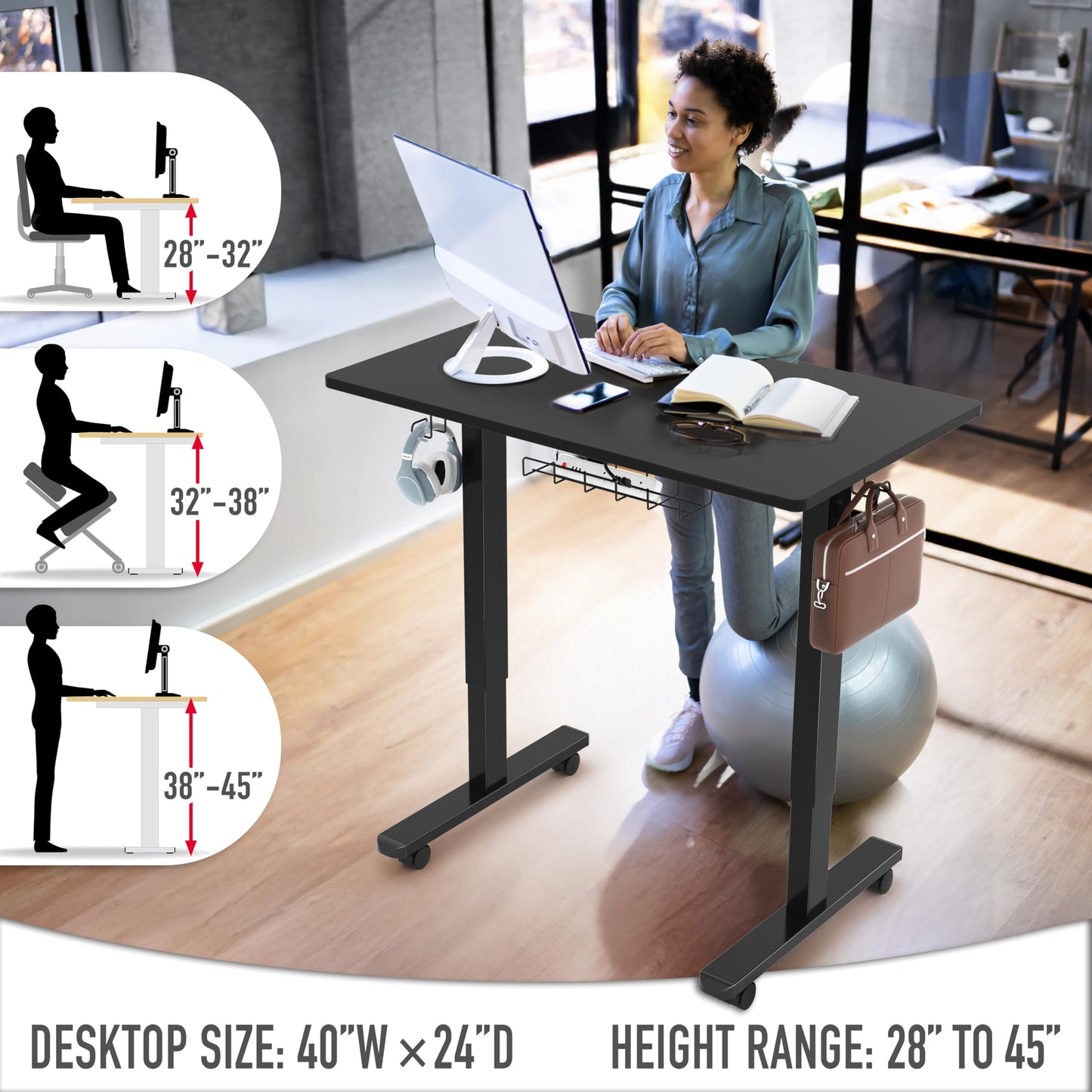 SHW 40-Inch Mobile Electric Height Adjustable Sit to Stand Desk with Drawer, Hanging Hooks and Cable Management, Black
