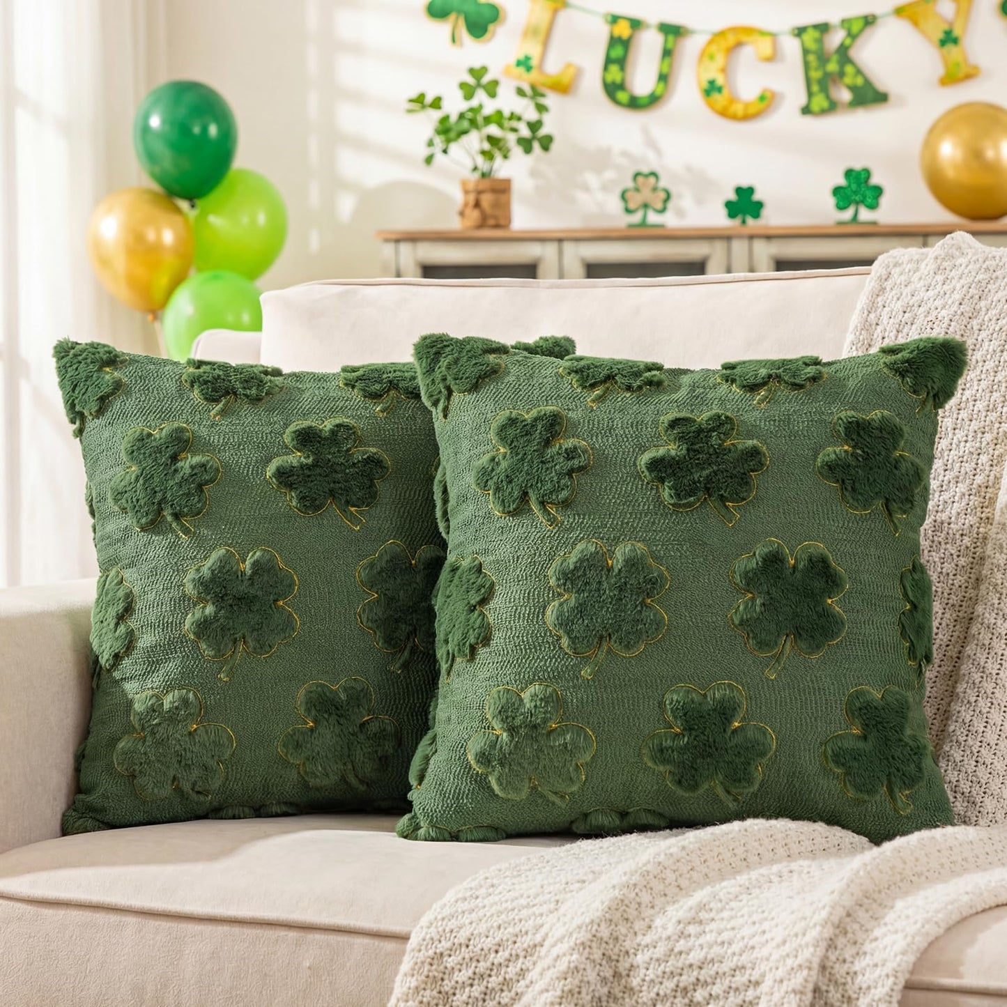 Emvency St Patricks Day Throw Pillow Covers 18x18 Set of 2, Sage Green Shamrock Golden Decorative Pillow Cases Soft Plush Faux Fur Wool Couch Cushion Case for Couch Bed Sofa Living Room Home Decor